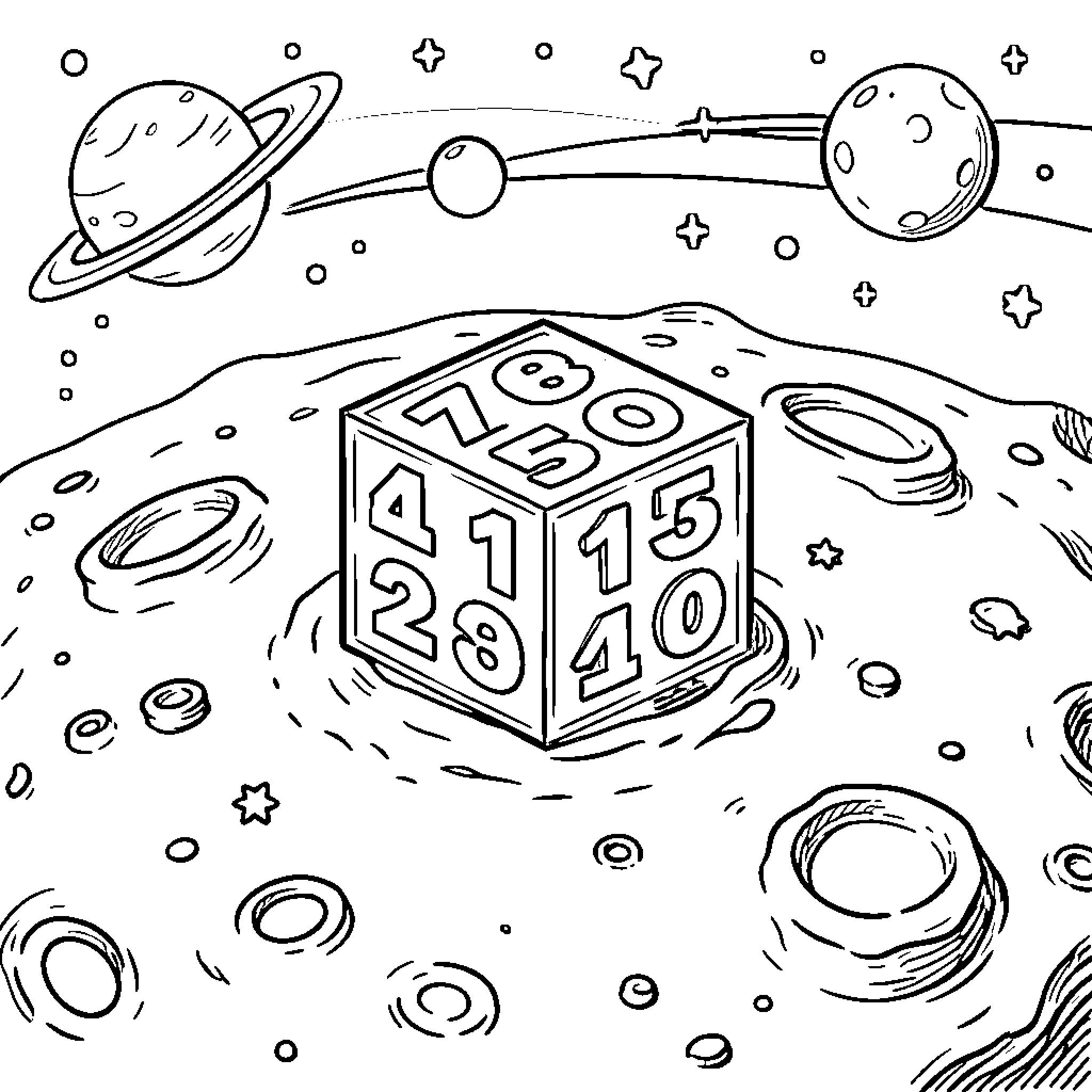 Number Block in Cosmic Space Coloring Page (free black-and-white line drawing printable PDF for all, from beginners to advanced learners, including children, teens, adults, and seniors)