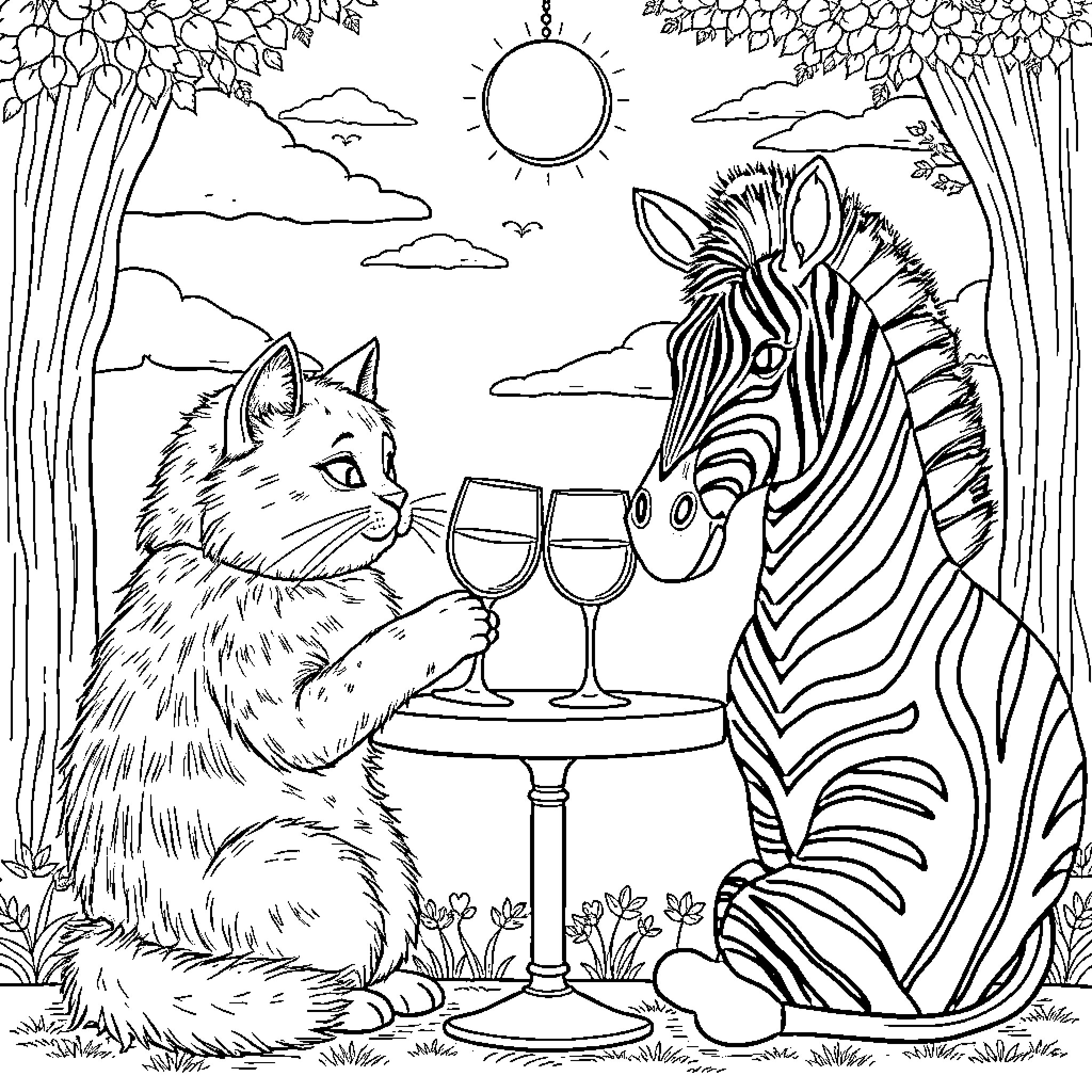 Cat and Zebra Enjoying Wine in Idyllic Outdoor Setting Coloring Page (free black-and-white line drawing printable PDF for all, from beginners to advanced learners, including children, teens, adults, and seniors)