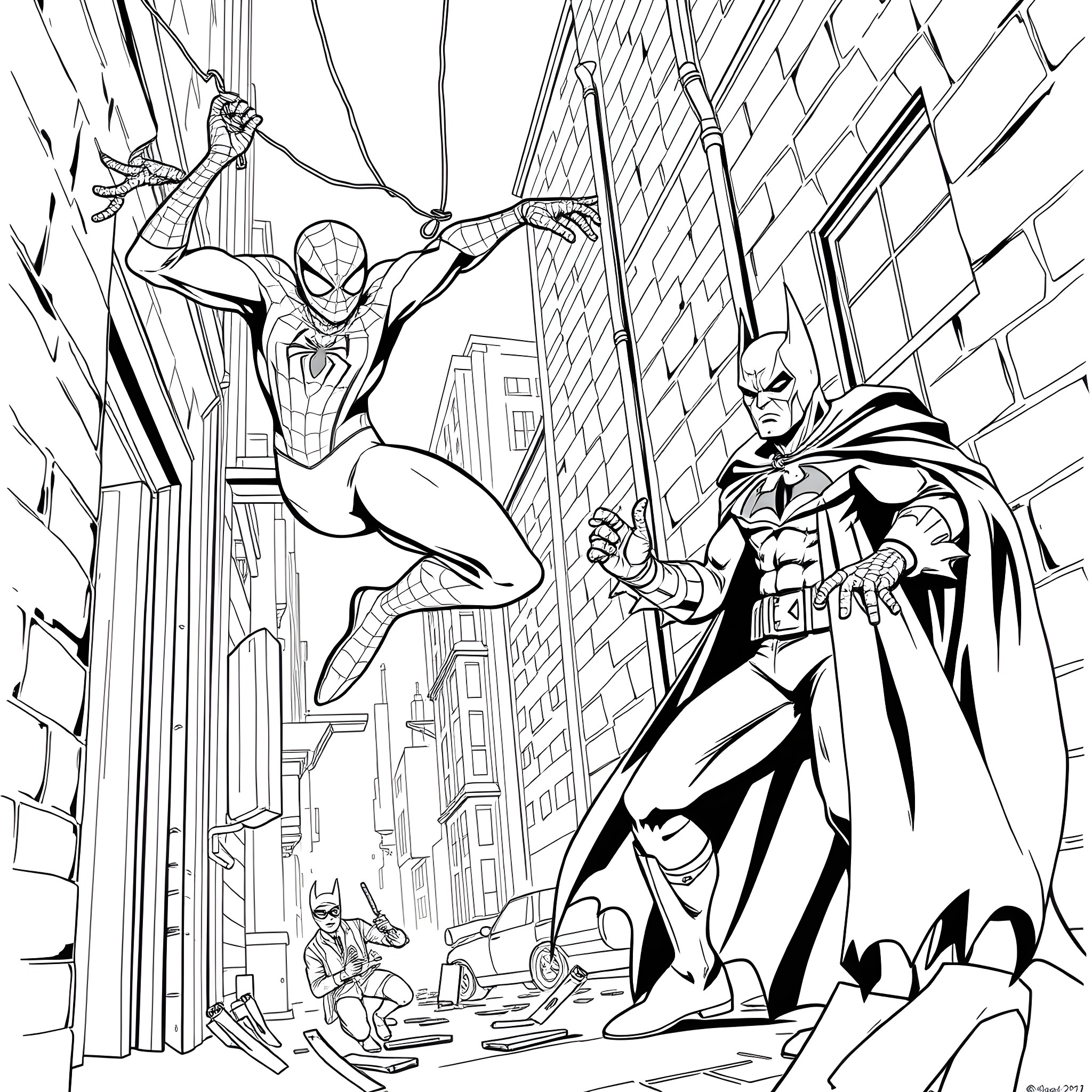 Spiderman swinging through the city with Batman Coloring Page (free black-and-white line drawing printable PDF for all, from beginners to advanced learners, including children, teens, adults, and seniors)