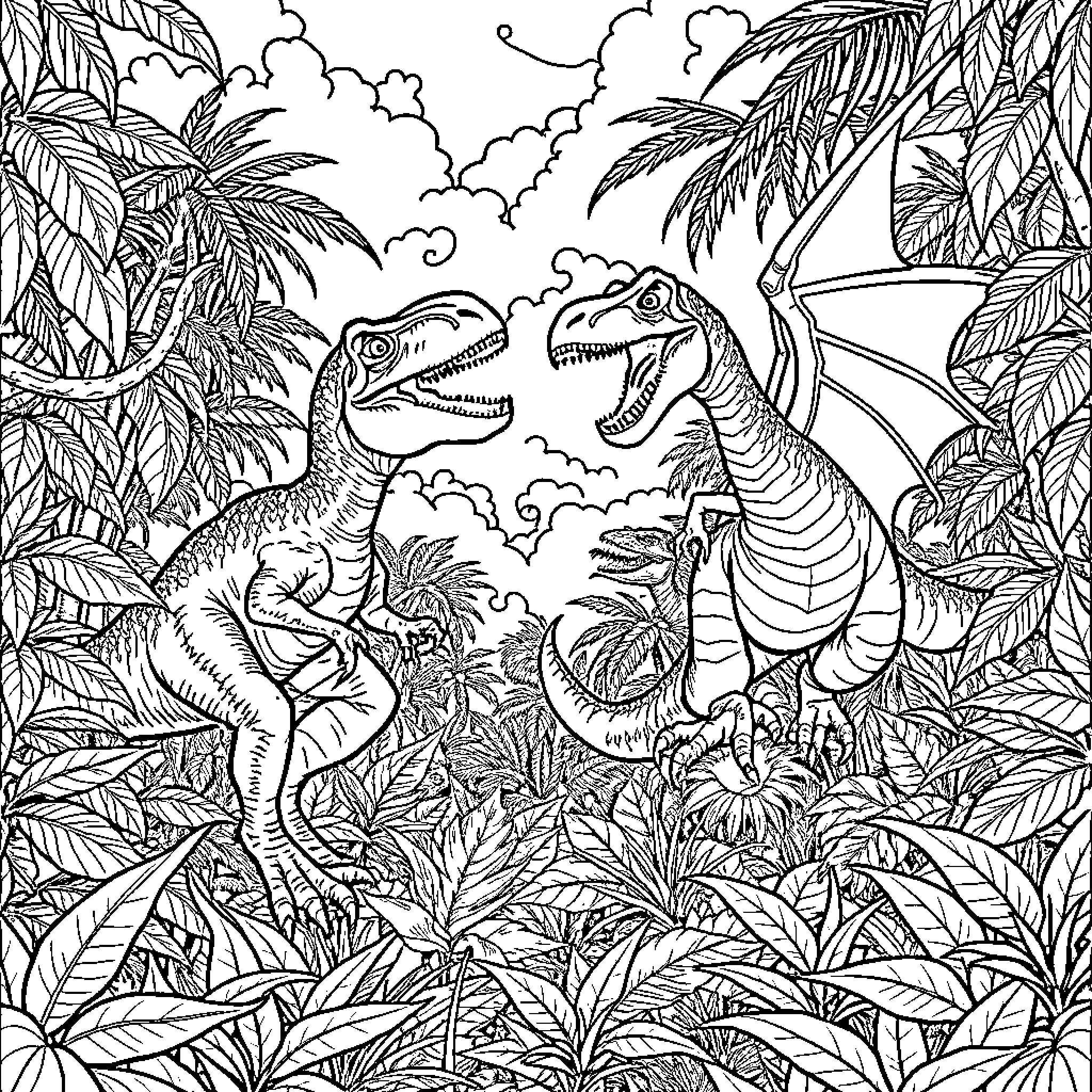Dinosaur battle in lush tropical landscape Coloring Page (free black-and-white line drawing printable PDF for all, from beginners to advanced learners, including children, teens, adults, and seniors)