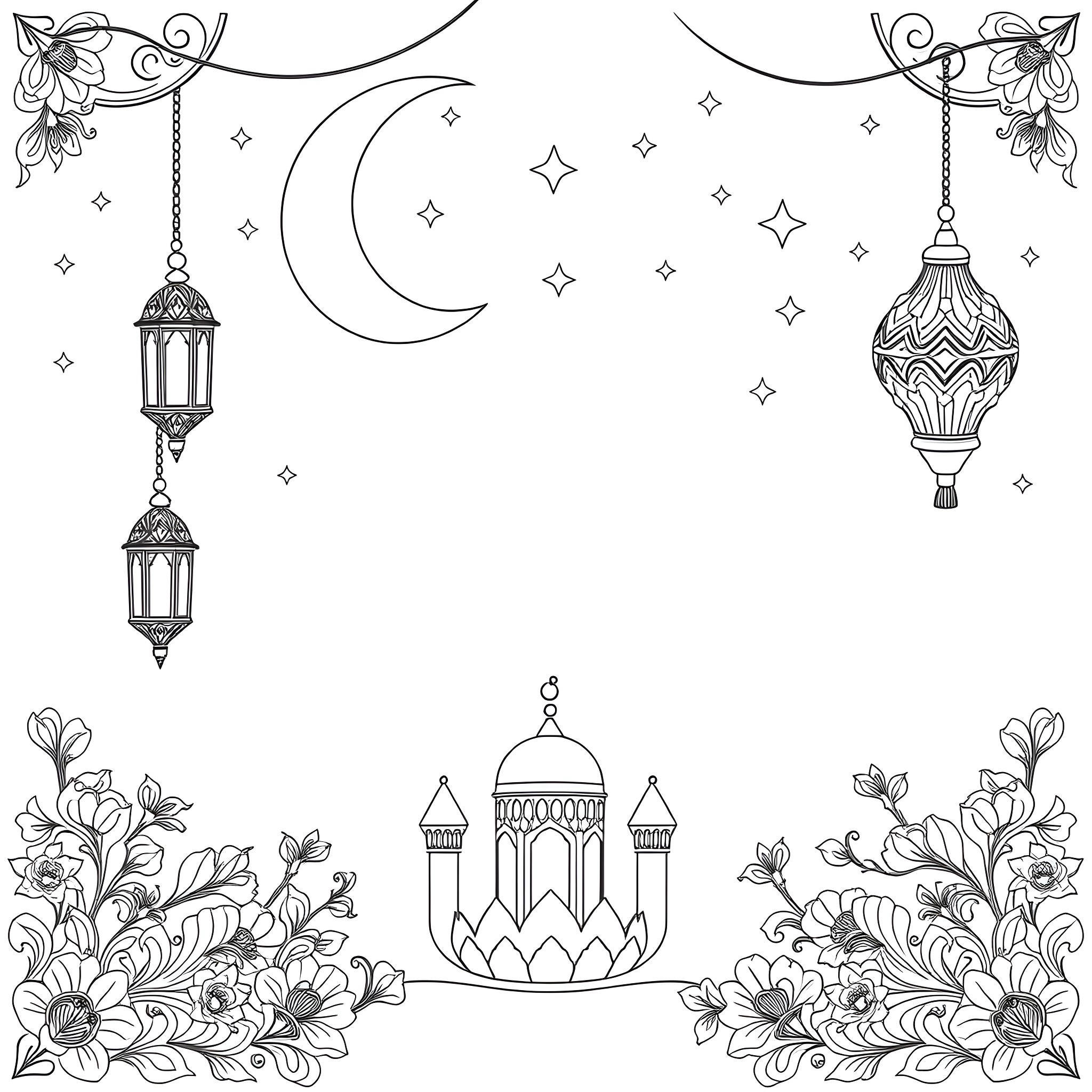 Eid Celebration with Lanterns and Floral Accents Coloring Page (free black-and-white line drawing printable PDF for all, from beginners to advanced learners, including children, teens, adults, and seniors)