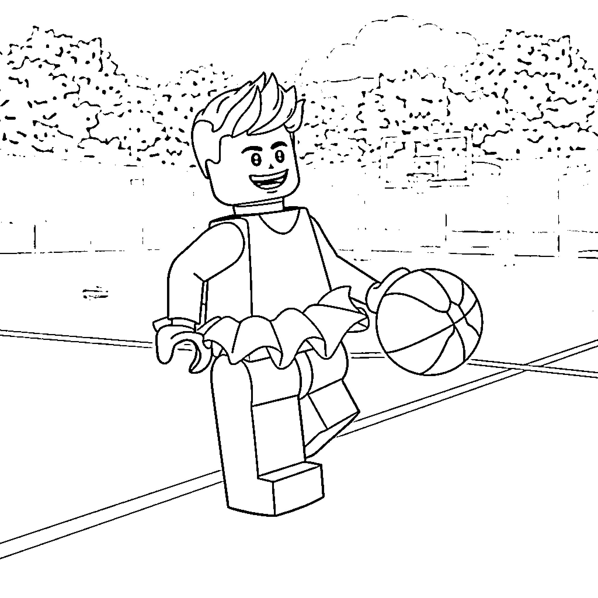 Lego Man Playing Basketball on the Court Coloring Page (free black-and-white line drawing printable PDF for all, from beginners to advanced learners, including children, teens, adults, and seniors)