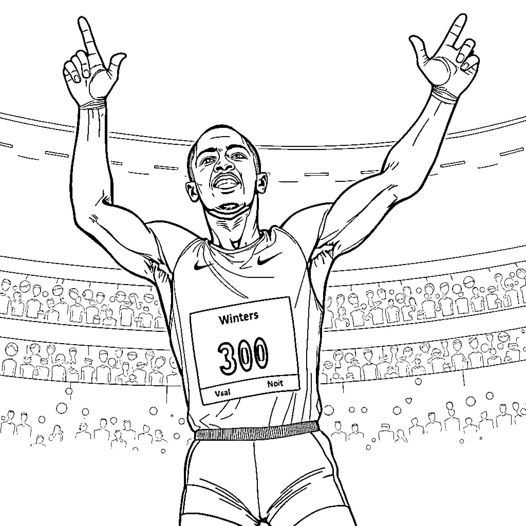 Usain Bolt Triumphantly Celebrates Victory Coloring Page (free black-and-white line drawing printable PDF for all, from beginners to advanced learners, including children, teens, adults, and seniors)