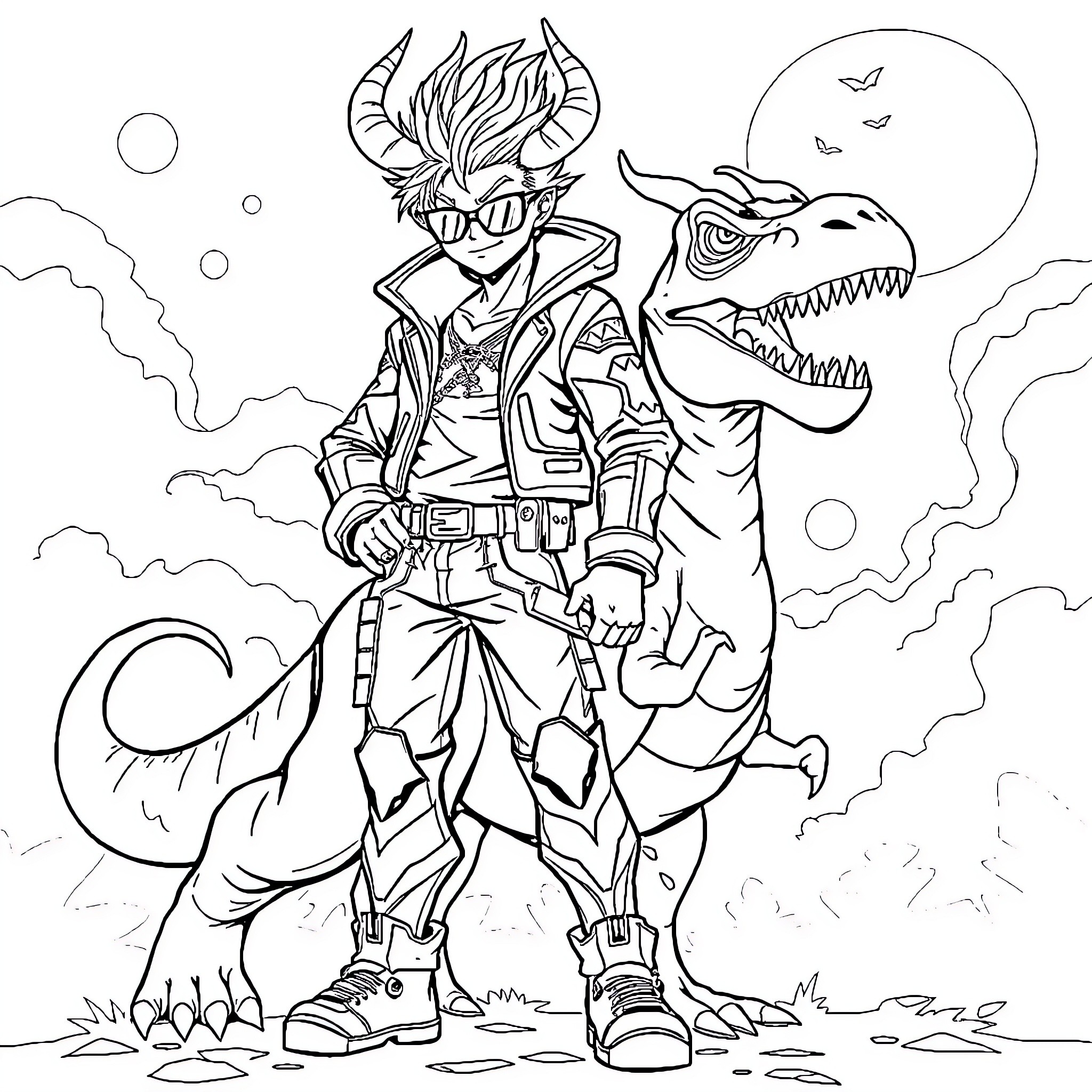 Huntrix's Adventurous Encounter with a Mighty Companion Coloring Page (free black-and-white line drawing printable PDF for all, from beginners to advanced learners, including children, teens, adults, and seniors)