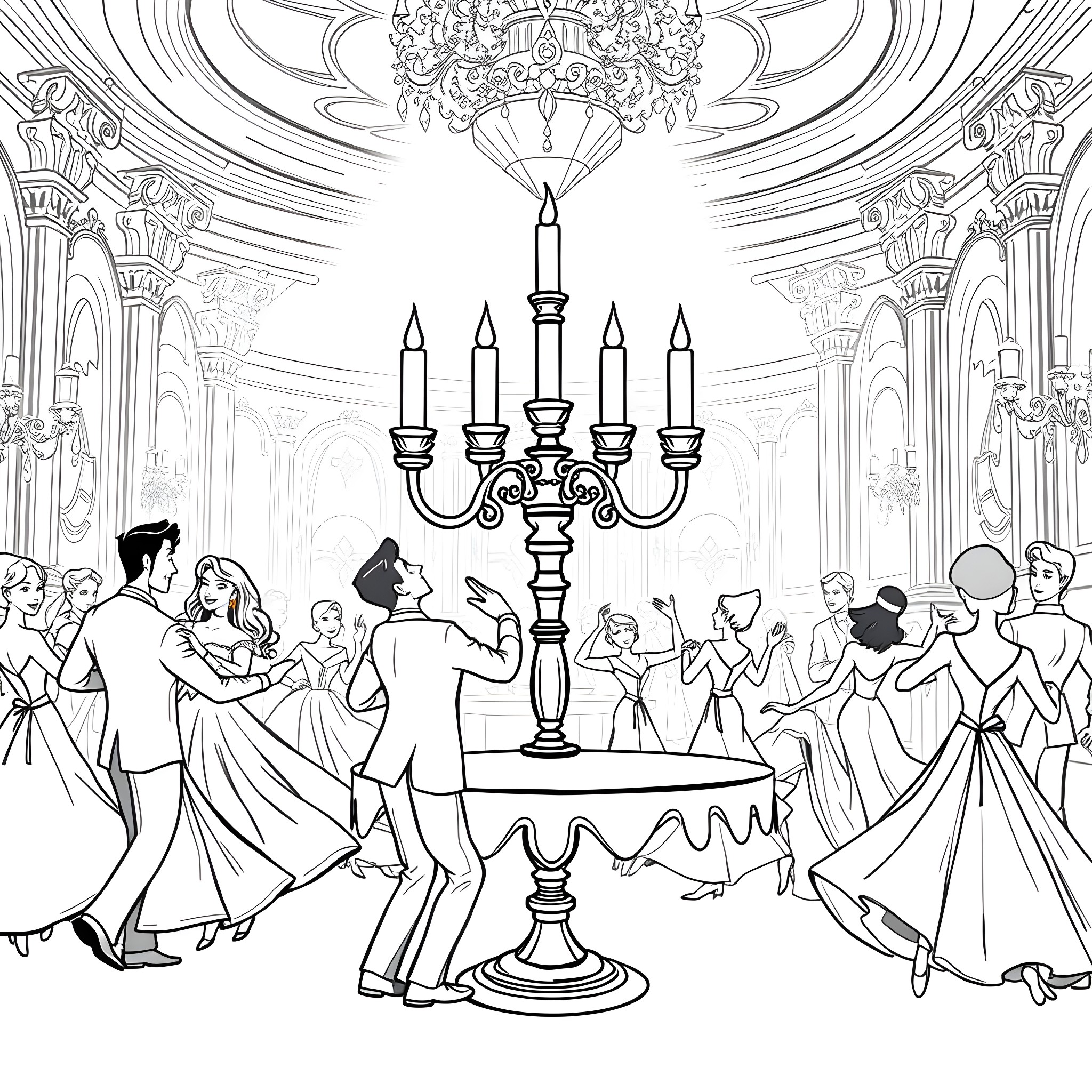 Lumiere's Elegant Ballroom Dance Coloring Page (free black-and-white line drawing printable PDF for all, from beginners to advanced learners, including children, teens, adults, and seniors)