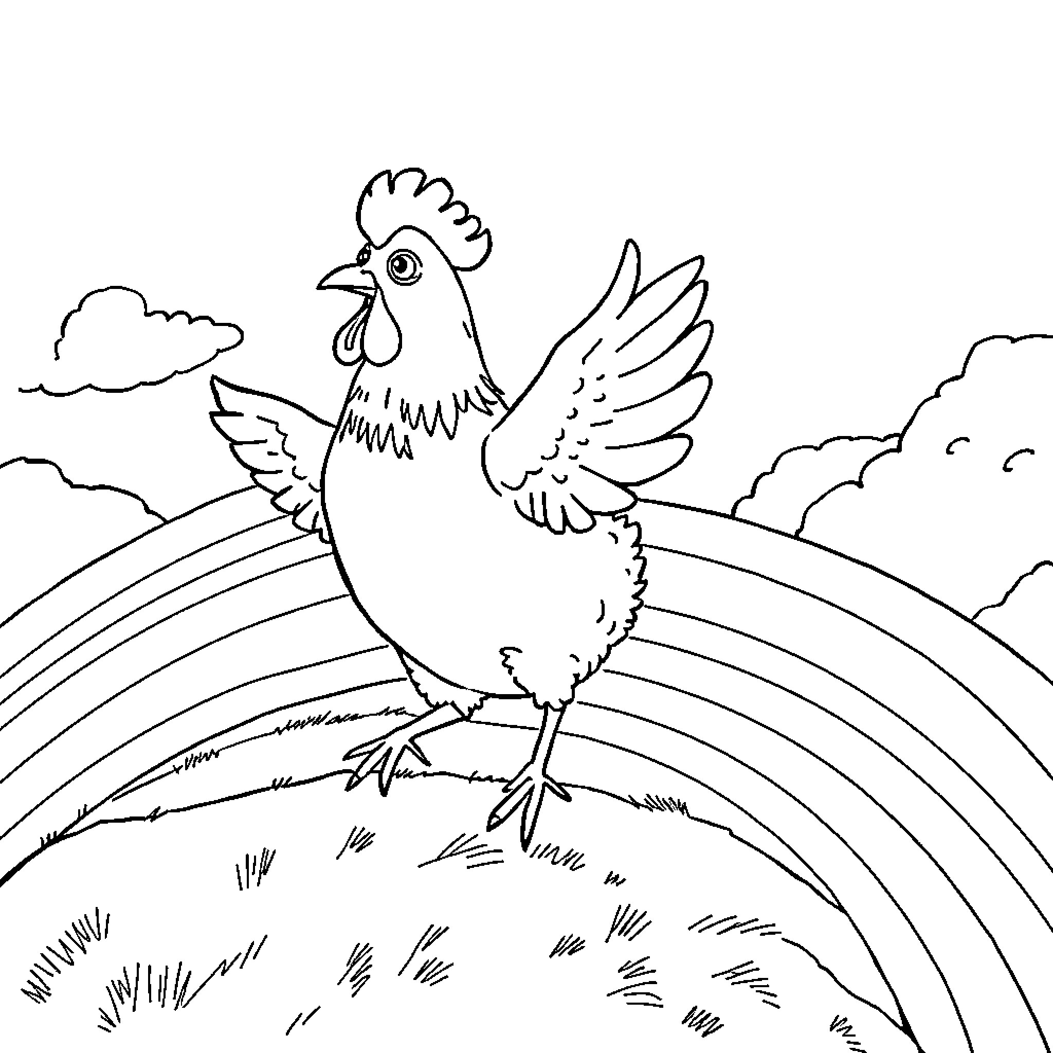 Chicken standing on a hill with a rainbow Coloring Page (free black-and-white line drawing printable PDF for all, from beginners to advanced learners, including children, teens, adults, and seniors)