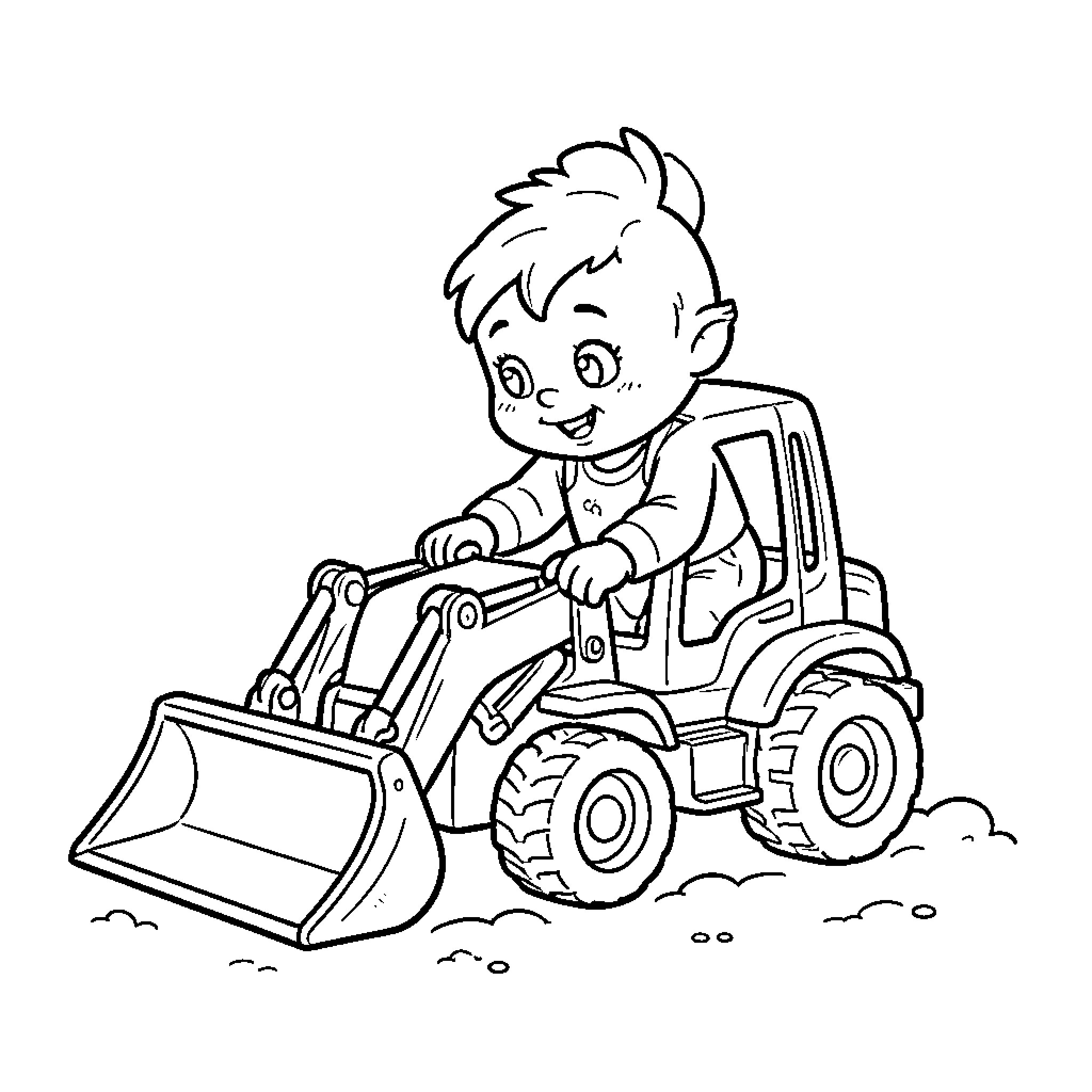 Tchoupie driving a small construction tractor happily Coloring Page (free black-and-white line drawing printable PDF for all, from beginners to advanced learners, including children, teens, adults, and seniors)
