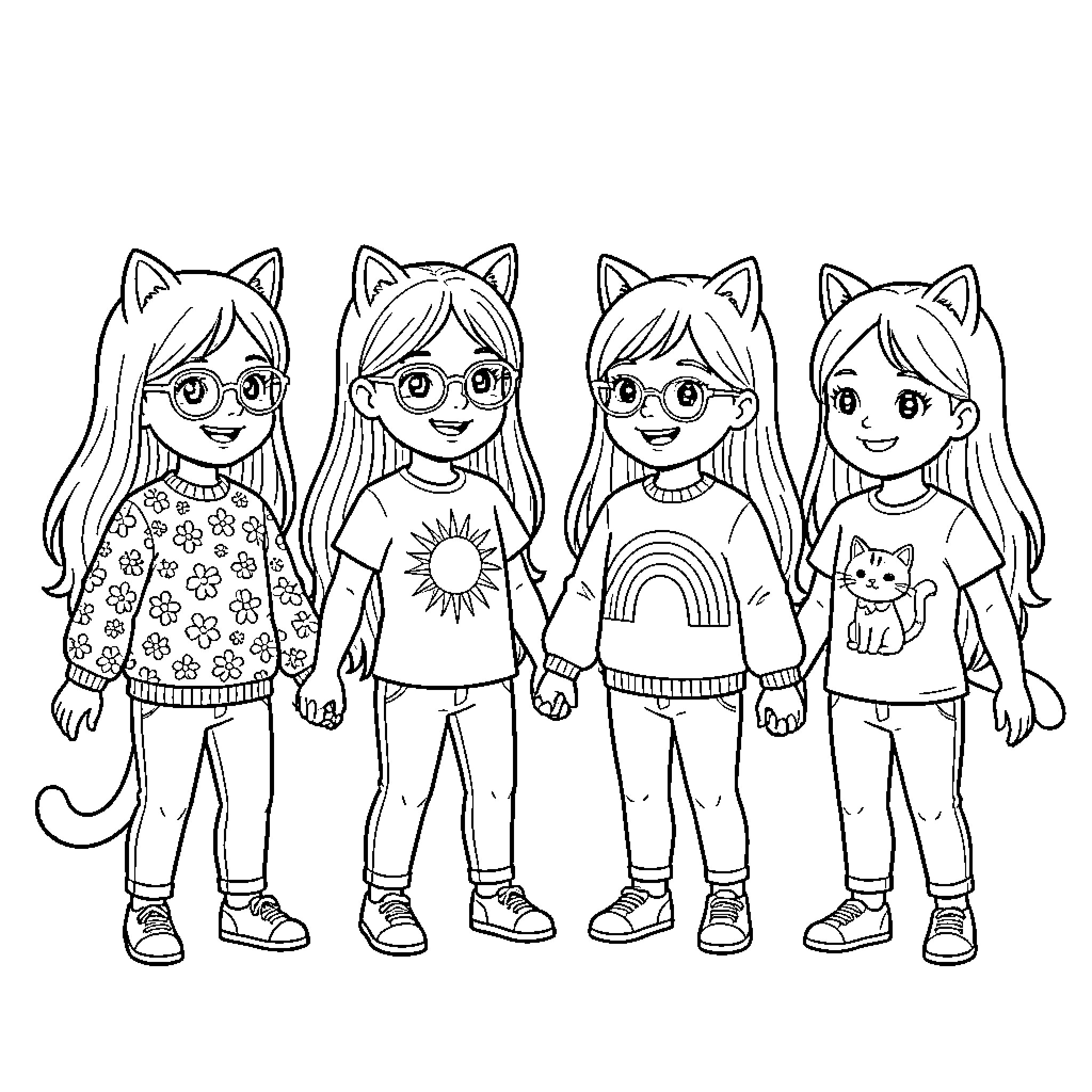 Fille enjoying fun and fashionable outfits Coloring Page (free black-and-white line drawing printable PDF for all, from beginners to advanced learners, including children, teens, adults, and seniors)