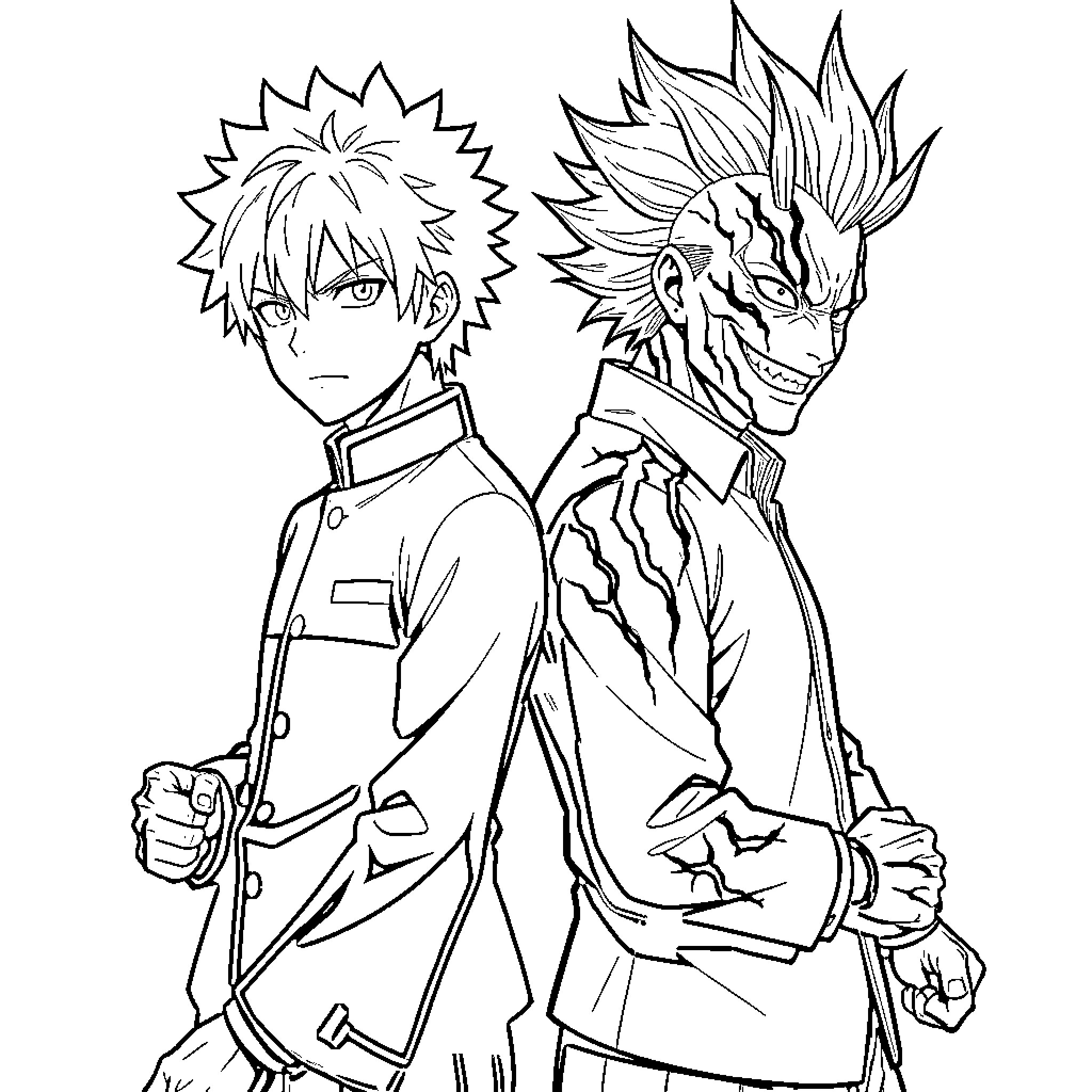 Yuji Itadori in action-packed poses with a companion Coloring Page (free black-and-white line drawing printable PDF for all, from beginners to advanced learners, including children, teens, adults, and seniors)