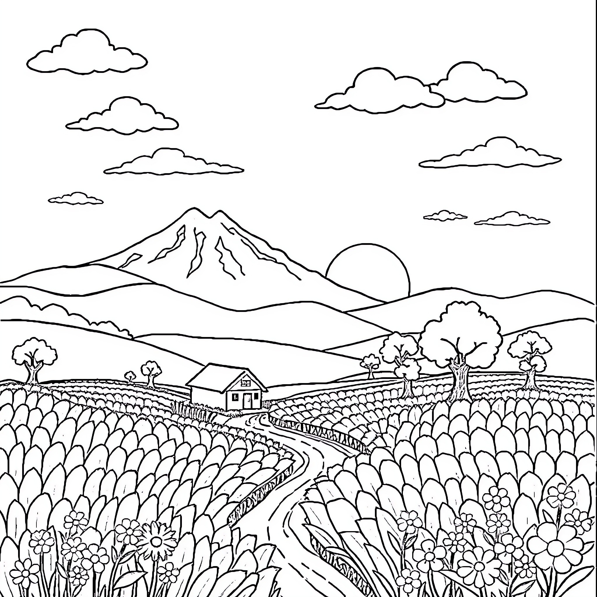 Landscape with rural scene and mountain backdrop Coloring Page (free black-and-white line drawing printable PDF for all, from beginners to advanced learners, including children, teens, adults, and seniors)