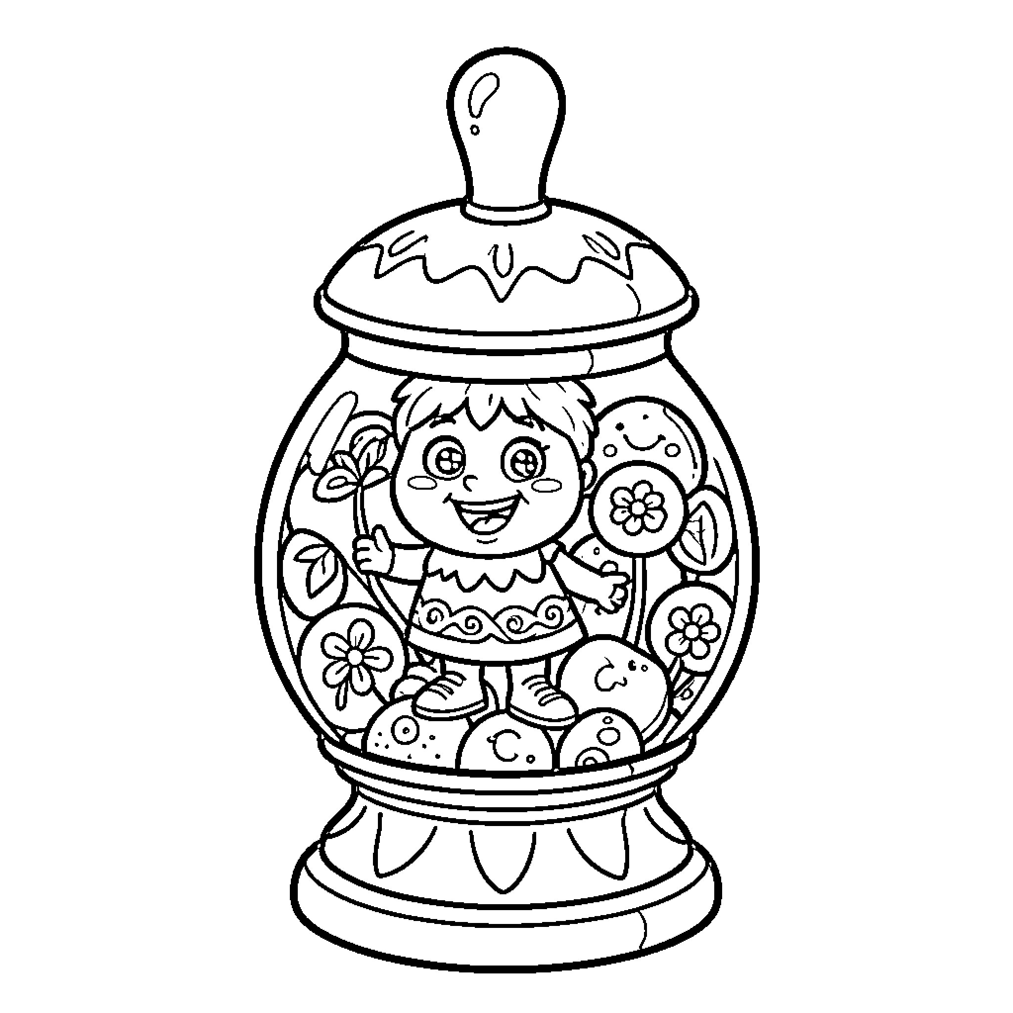Pez figurine with playful character in decorative jar Coloring Page (free black-and-white line drawing printable PDF for all, from beginners to advanced learners, including children, teens, adults, and seniors)