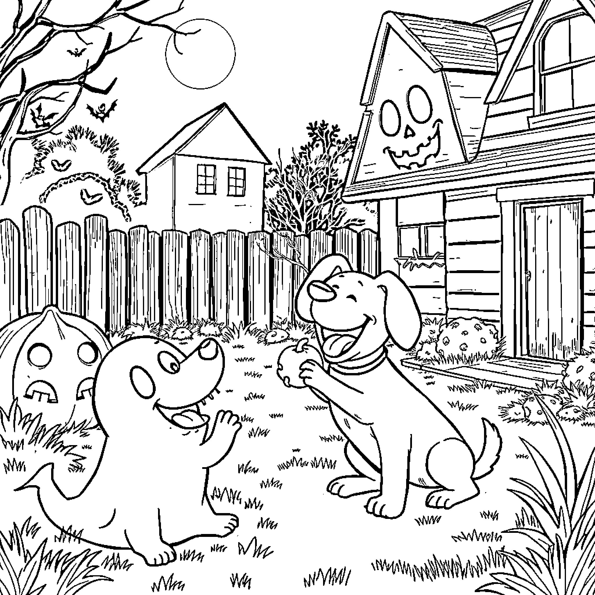Dog playing in Halloween-themed backyard Coloring Page (free black-and-white line drawing printable PDF for all, from beginners to advanced learners, including children, teens, adults, and seniors)