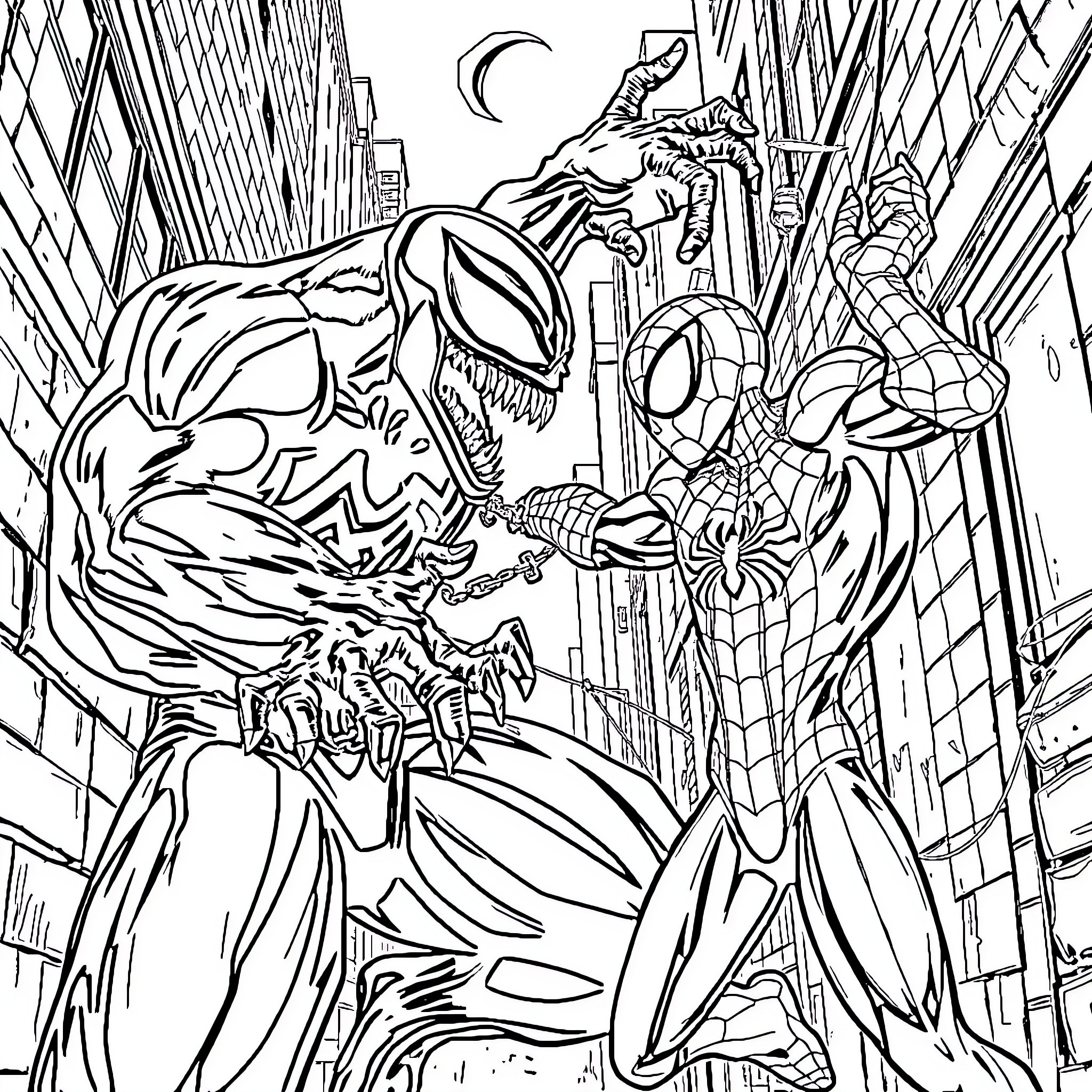 Venom's Clash with Spider-Man in the Gritty City Coloring Page (free black-and-white line drawing printable PDF for all, from beginners to advanced learners, including children, teens, adults, and seniors)