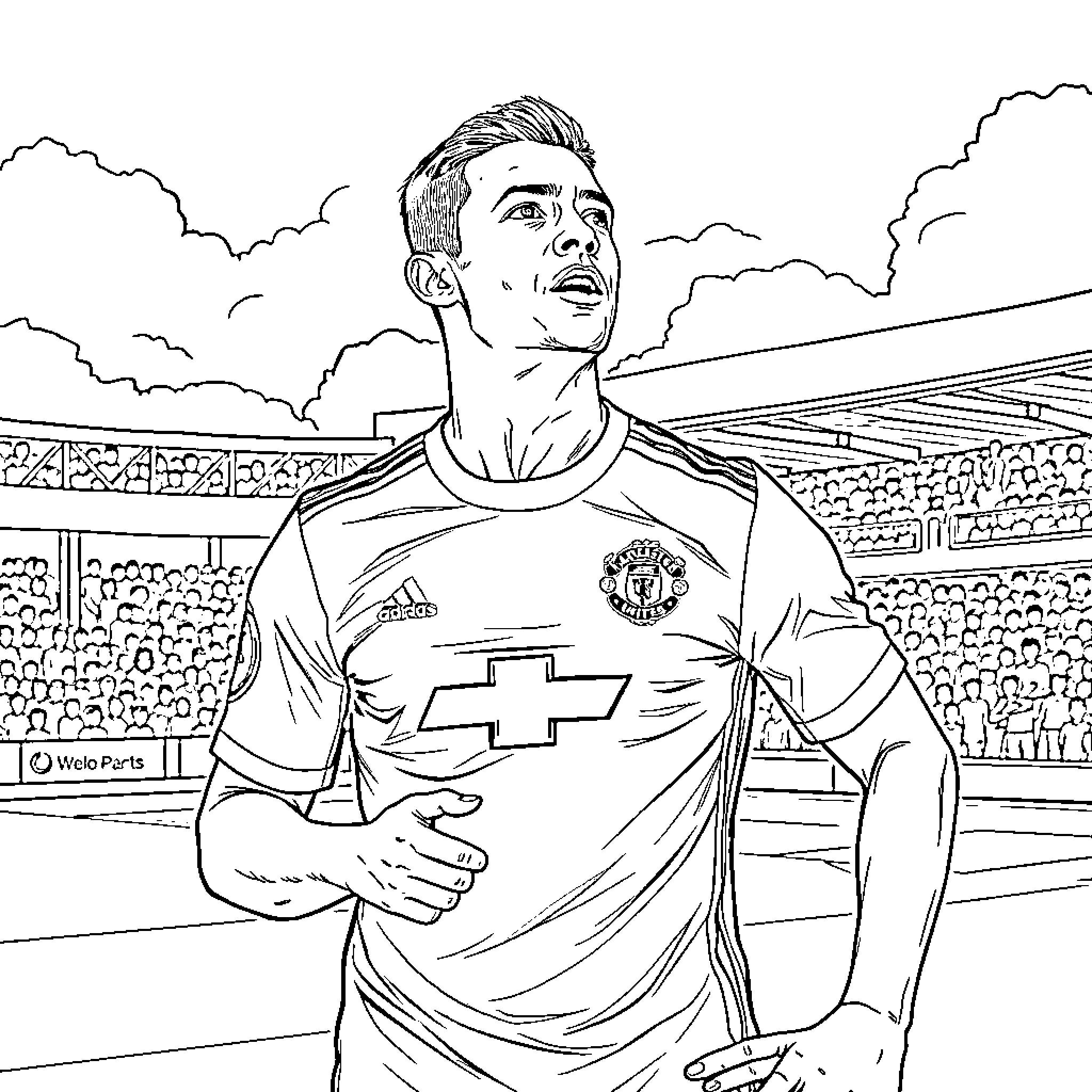 Ronaldo on the Soccer Field in Action Coloring Page (free black-and-white line drawing printable PDF for all, from beginners to advanced learners, including children, teens, adults, and seniors)