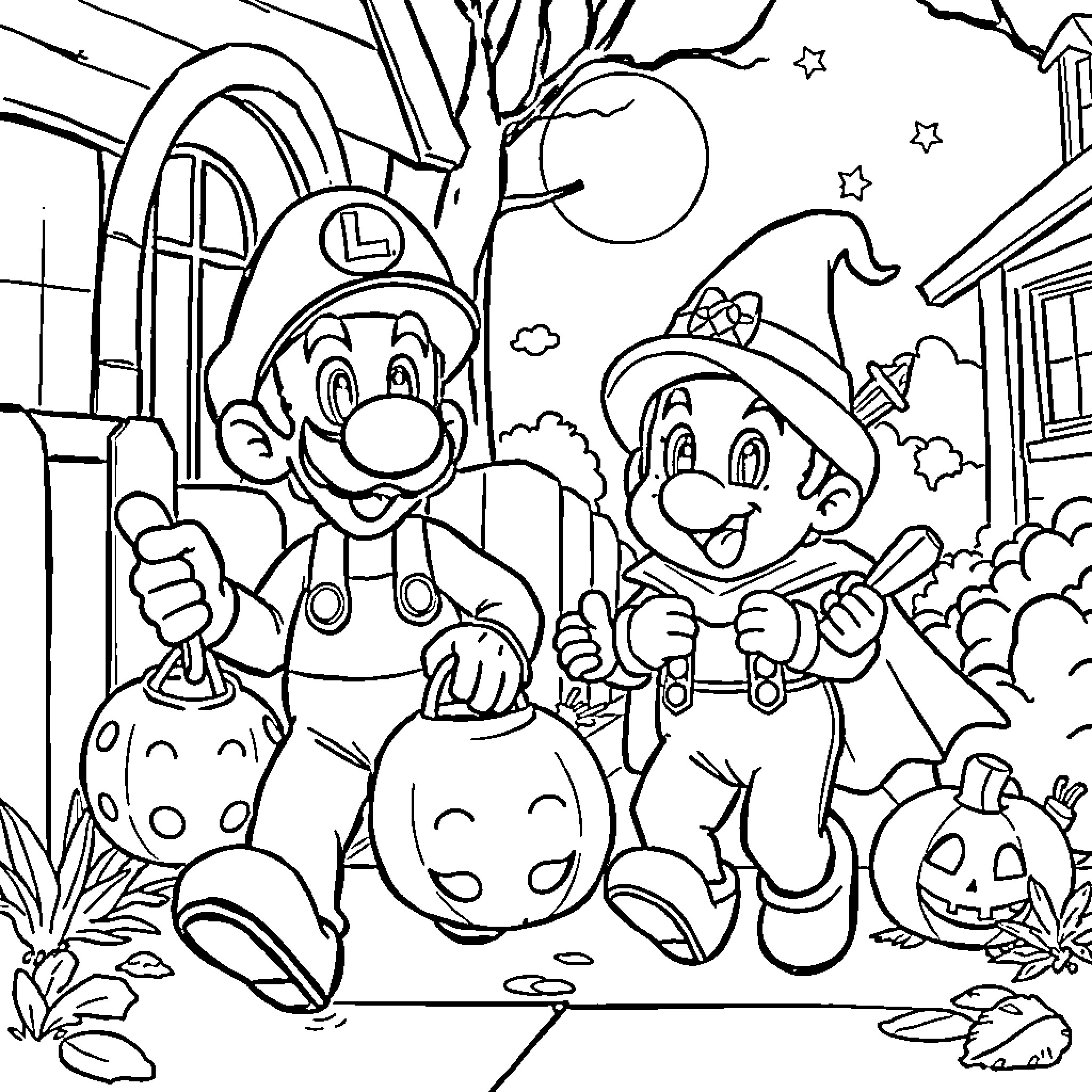 Luigi and Companion Trick-or-Treating at Night Coloring Page (free black-and-white line drawing printable PDF for all, from beginners to advanced learners, including children, teens, adults, and seniors)