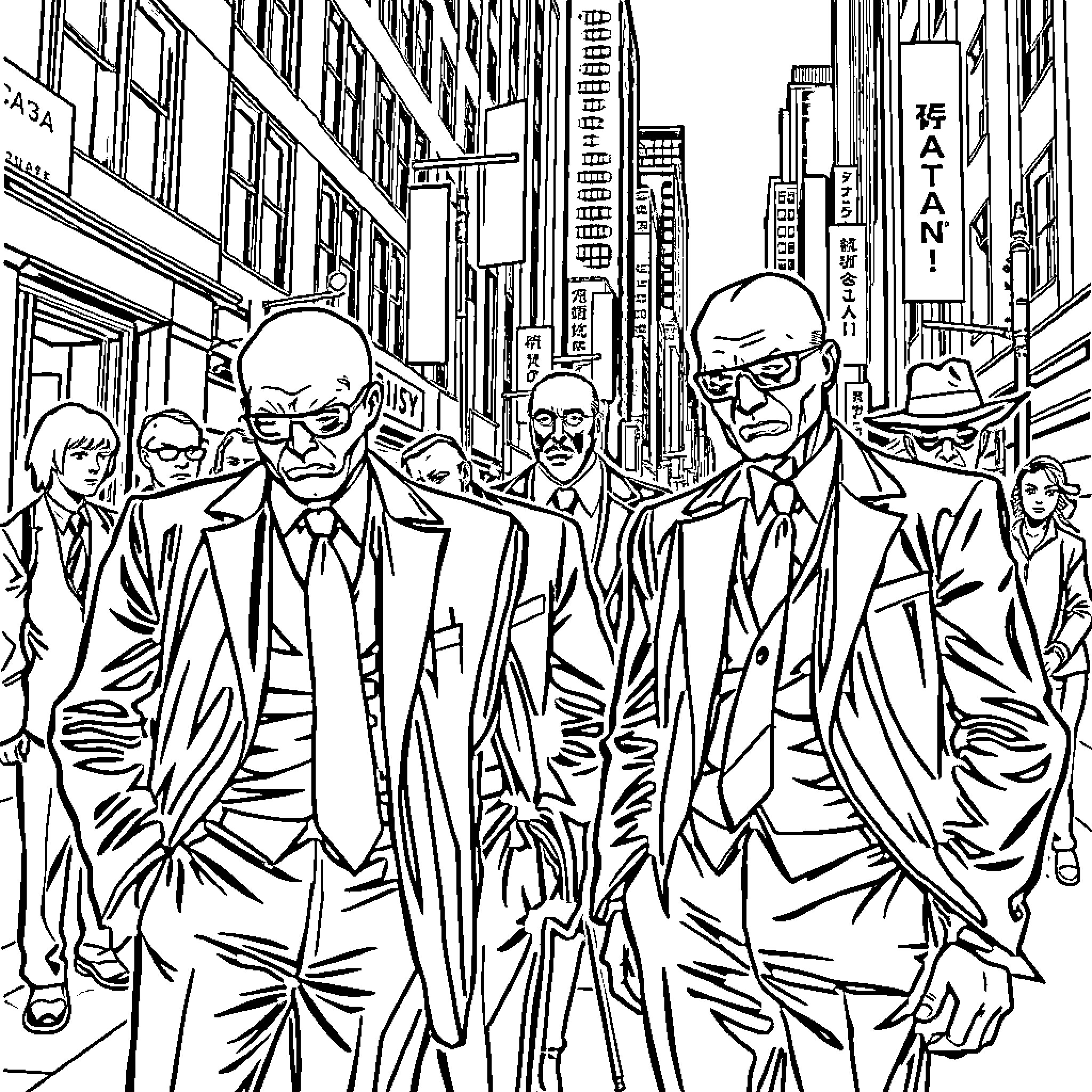 Gangster Mobsters Strut Down the City Streets Coloring Page (free black-and-white line drawing printable PDF for all, from beginners to advanced learners, including children, teens, adults, and seniors)