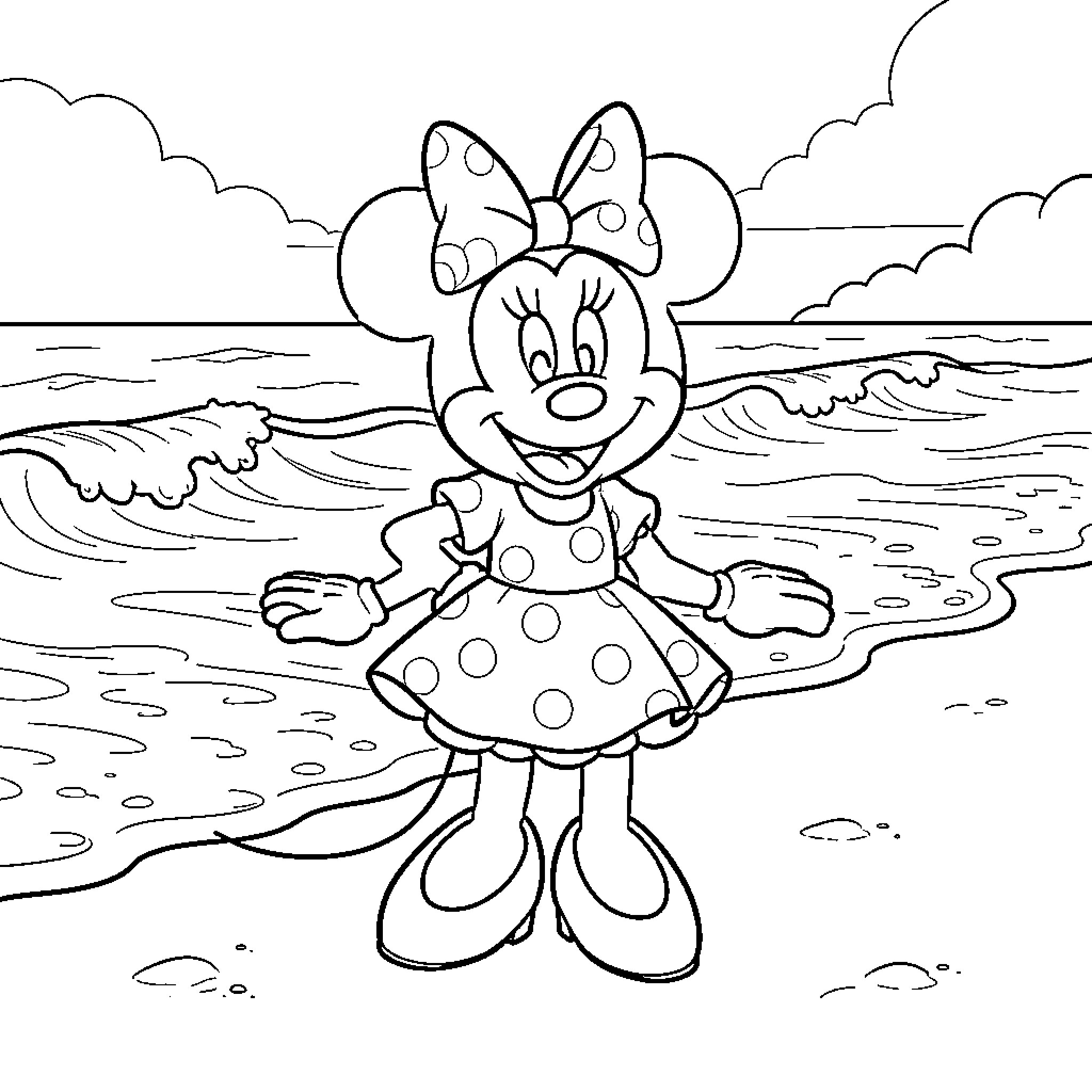Minnie smiling joyfully on a sunny beach Coloring Page (free black-and-white line drawing printable PDF for all, from beginners to advanced learners, including children, teens, adults, and seniors)