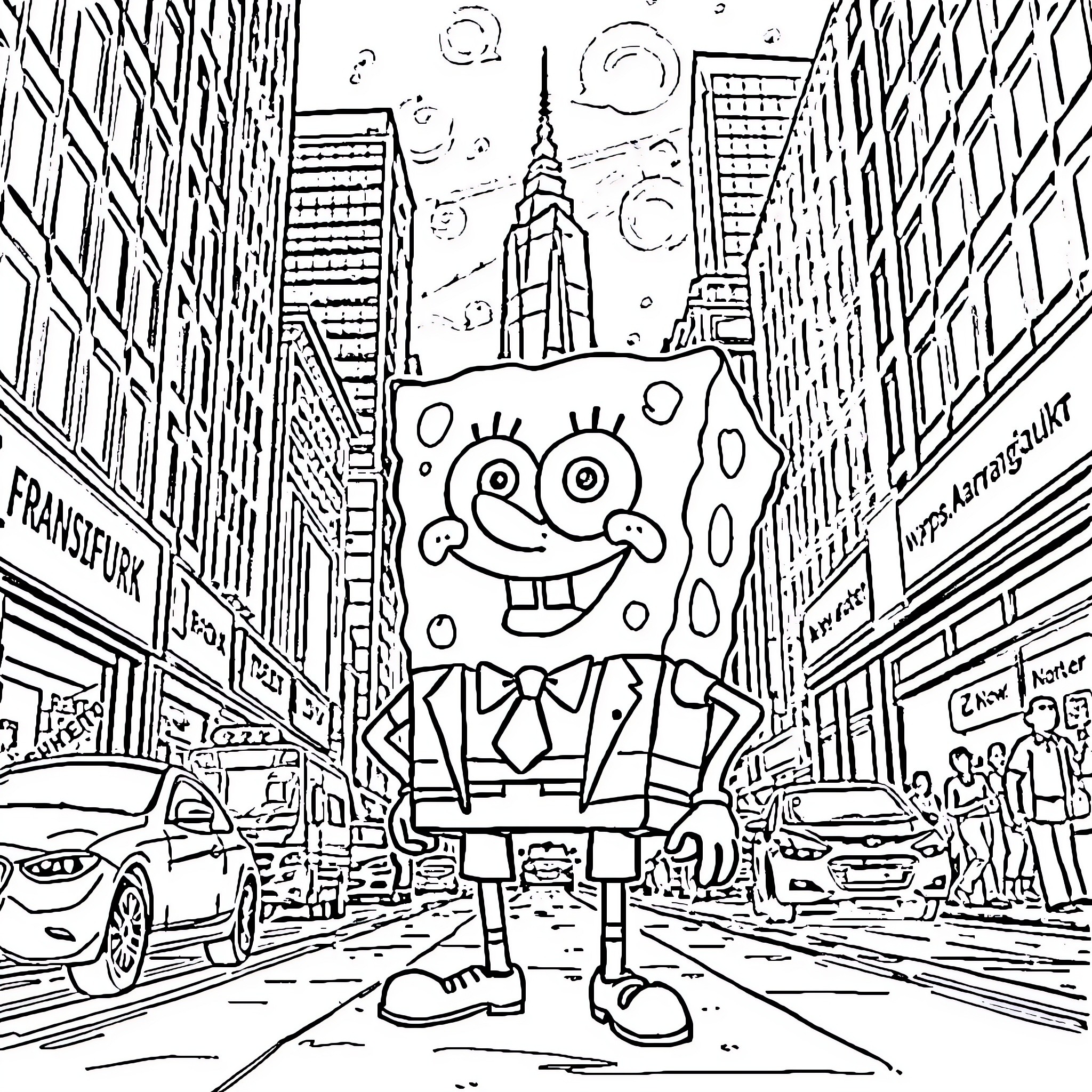 Spongebob exploring the vibrant city streets Coloring Page (free black-and-white line drawing printable PDF for all, from beginners to advanced learners, including children, teens, adults, and seniors)