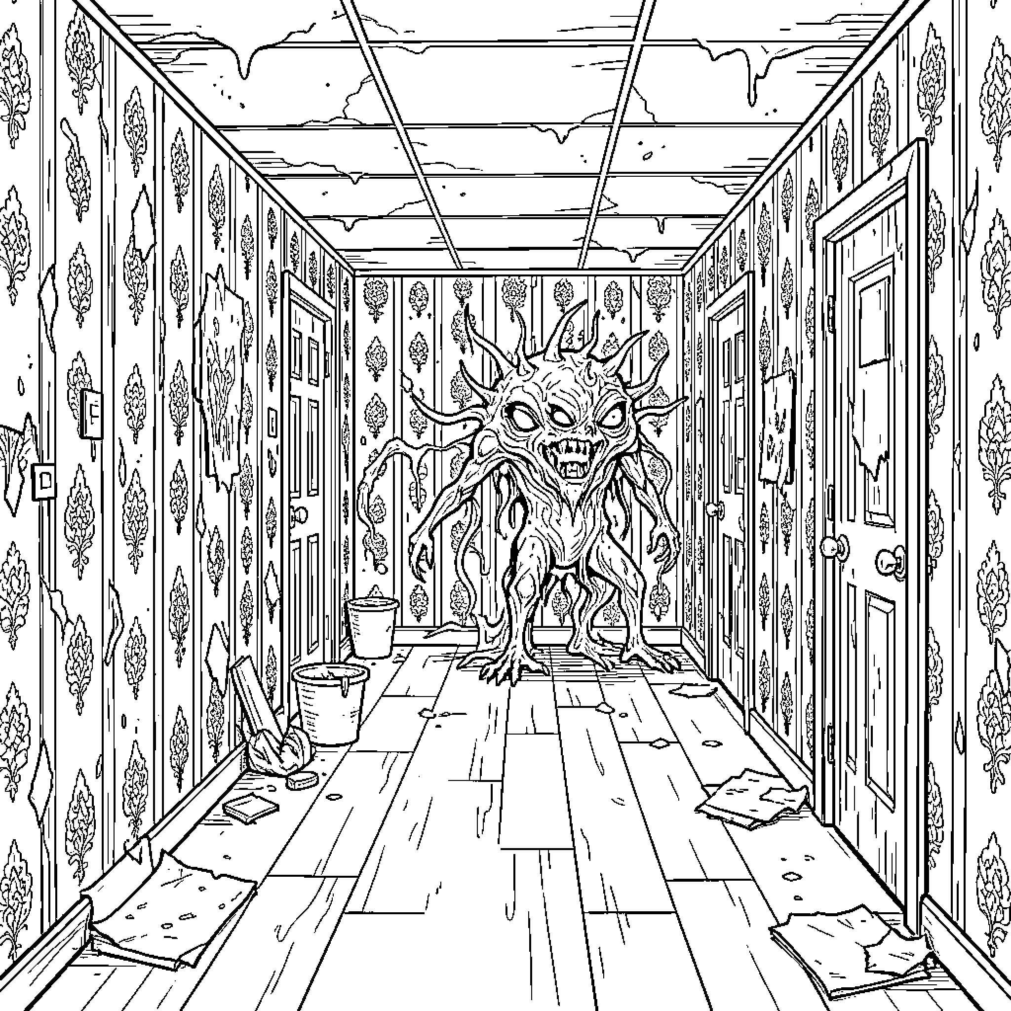 Backrooms monster standing in a derelict hallway Coloring Page (free black-and-white line drawing printable PDF for all, from beginners to advanced learners, including children, teens, adults, and seniors)