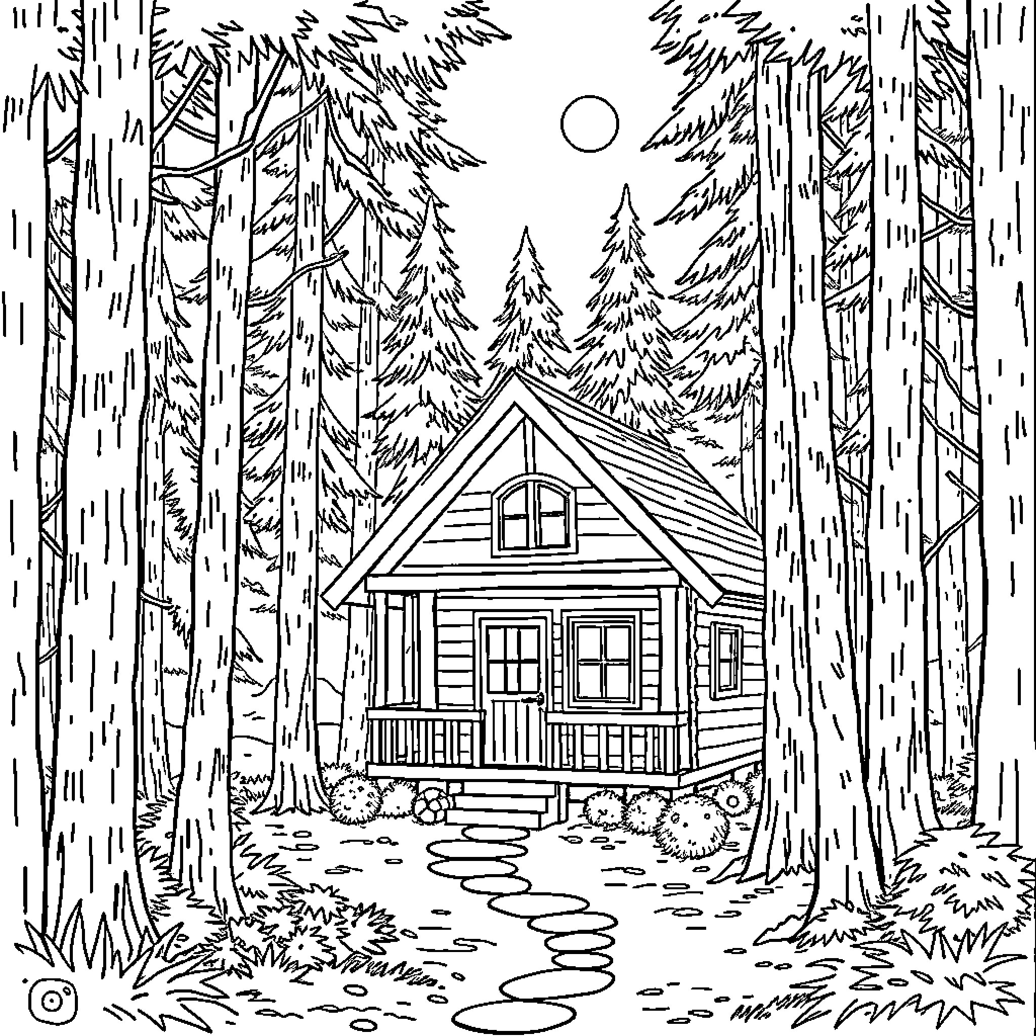 Cabin in the Peaceful Woodland Coloring Page (free black-and-white line drawing printable PDF for all, from beginners to advanced learners, including children, teens, adults, and seniors)