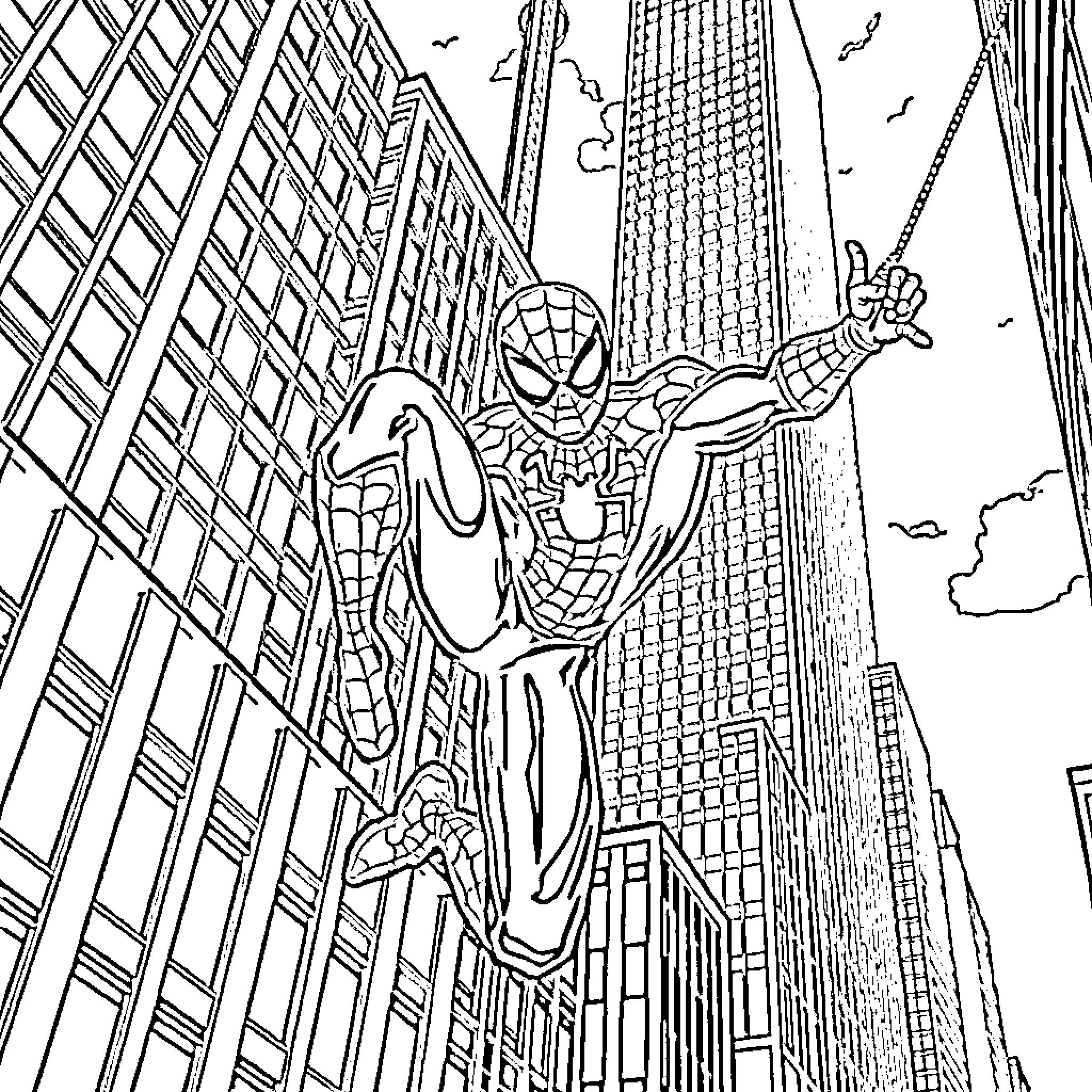 Spiderman swinging through the city skyline Coloring Page (free black-and-white line drawing printable PDF for all, from beginners to advanced learners, including children, teens, adults, and seniors)