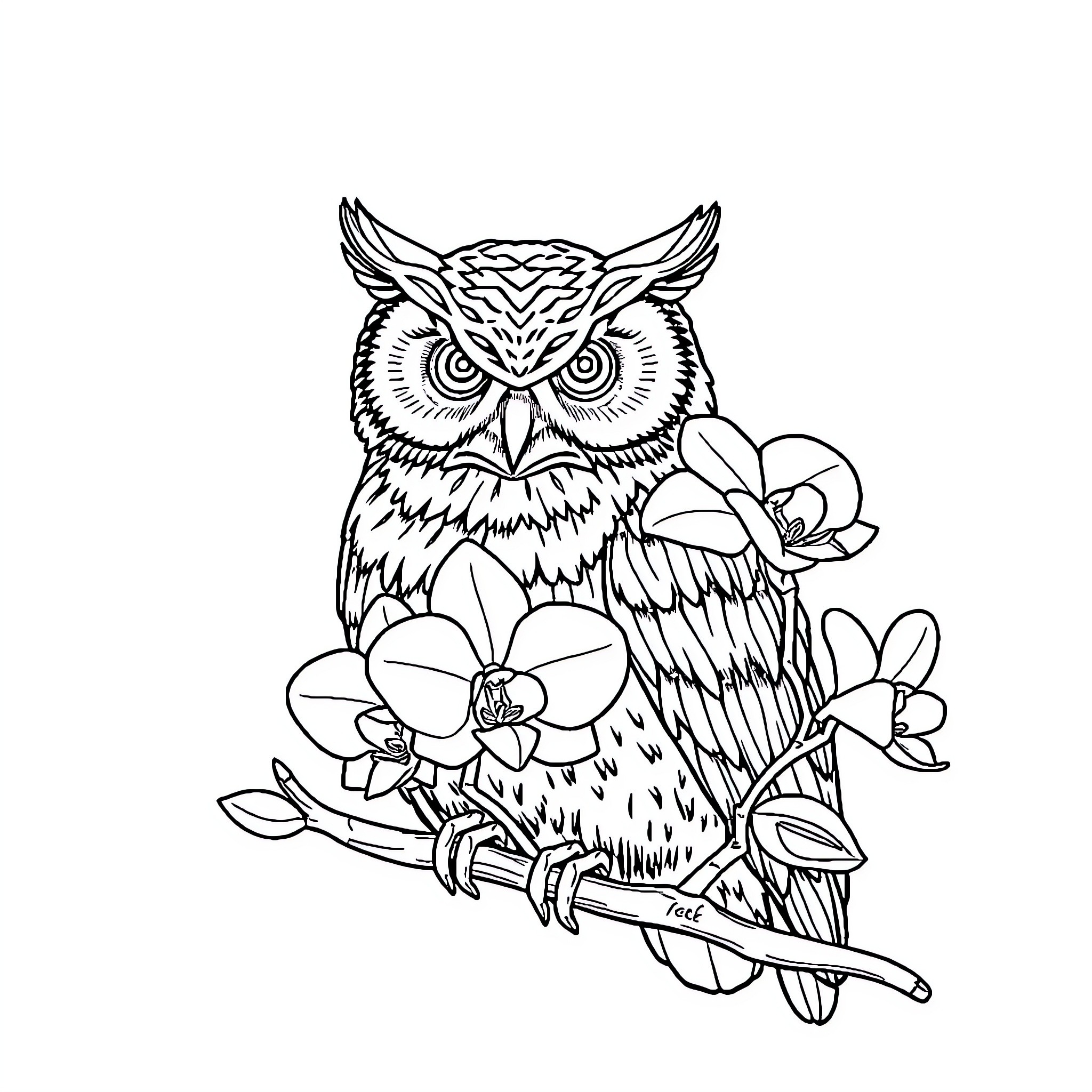 Owl perched amidst floral decor Coloring Page (free black-and-white line drawing printable PDF for all, from beginners to advanced learners, including children, teens, adults, and seniors)