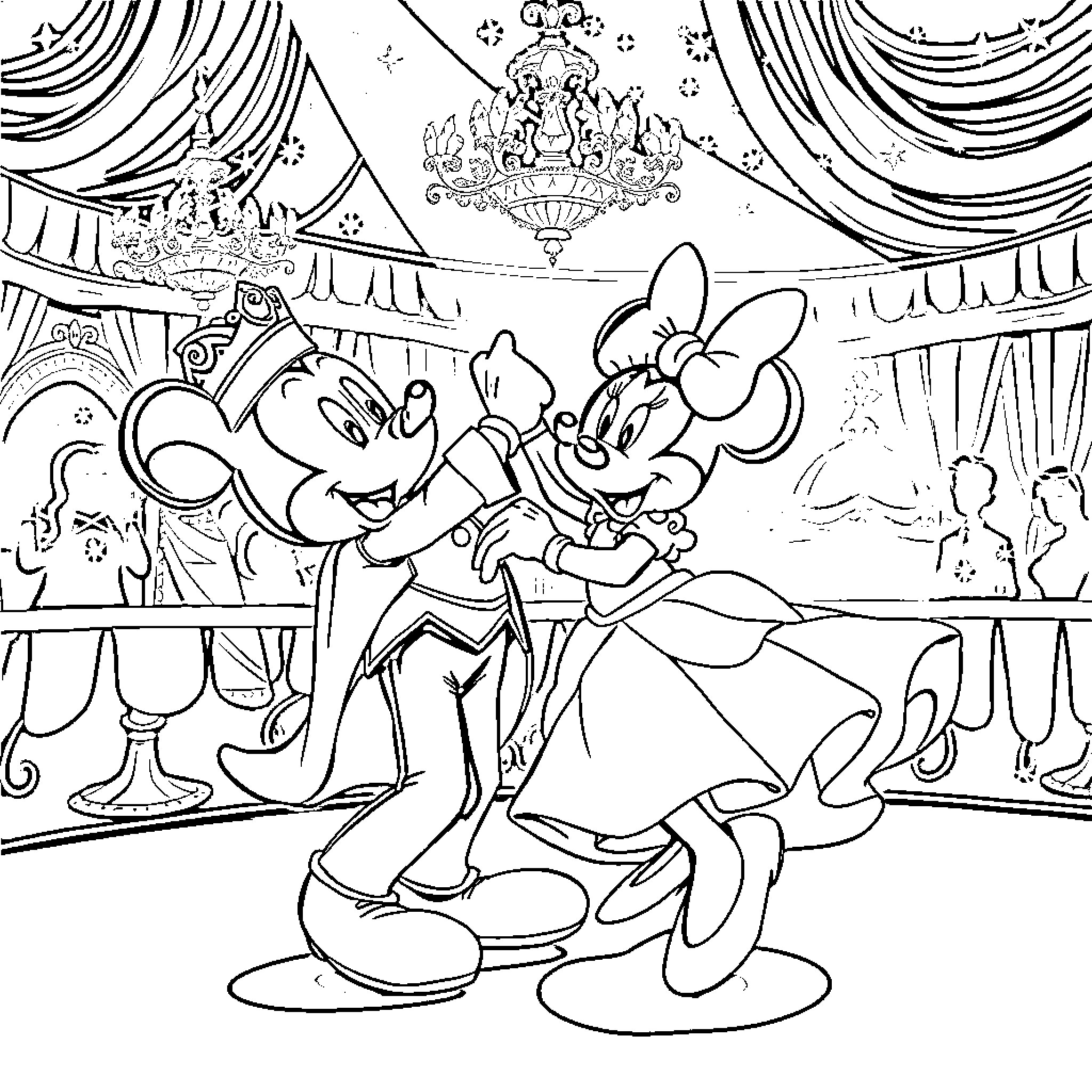 Mickey and Minnie's Theatrical Dance Performance Coloring Page (free black-and-white line drawing printable PDF for all, from beginners to advanced learners, including children, teens, adults, and seniors)