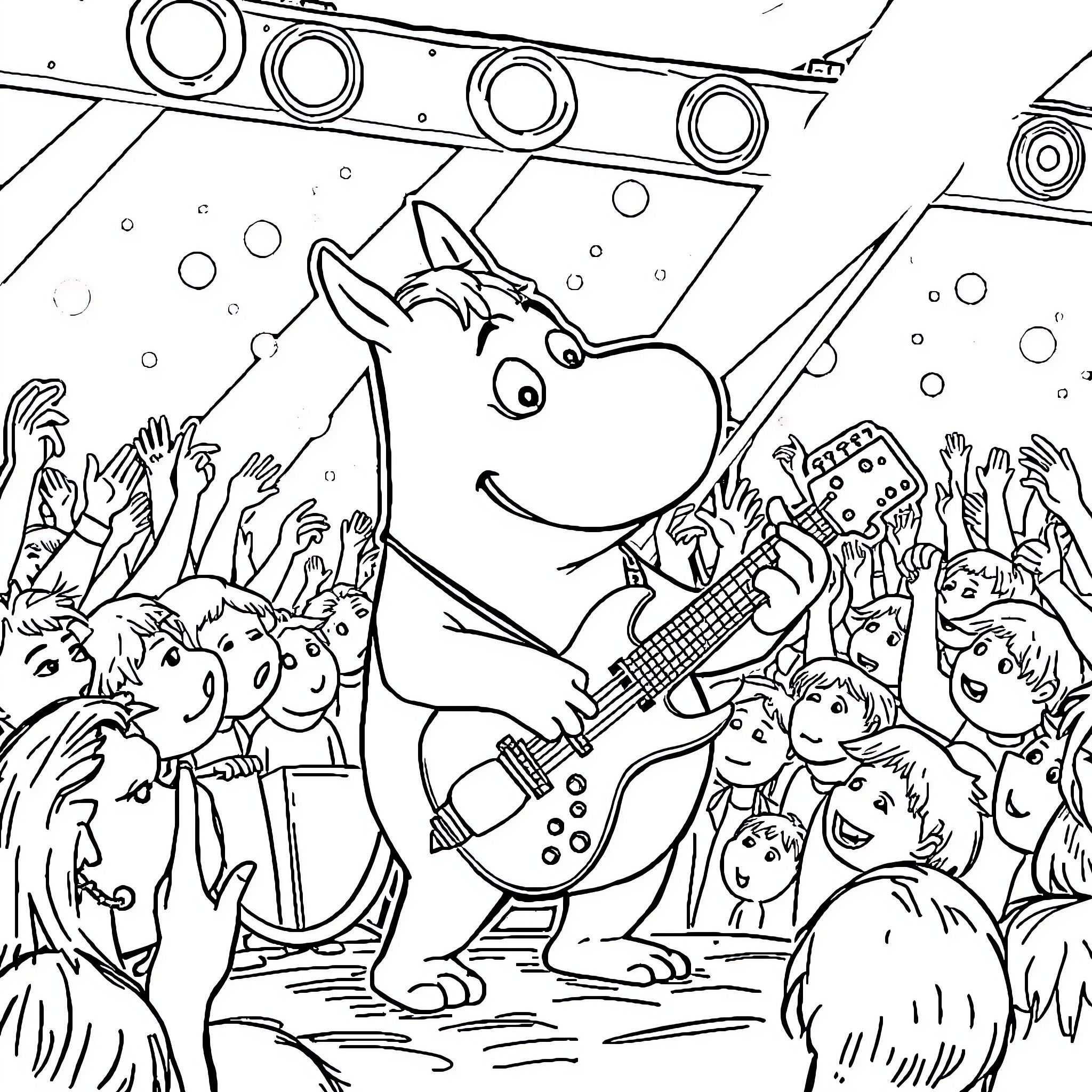 Moomin performing on stage with adoring fans Coloring Page (free black-and-white line drawing printable PDF for all, from beginners to advanced learners, including children, teens, adults, and seniors)