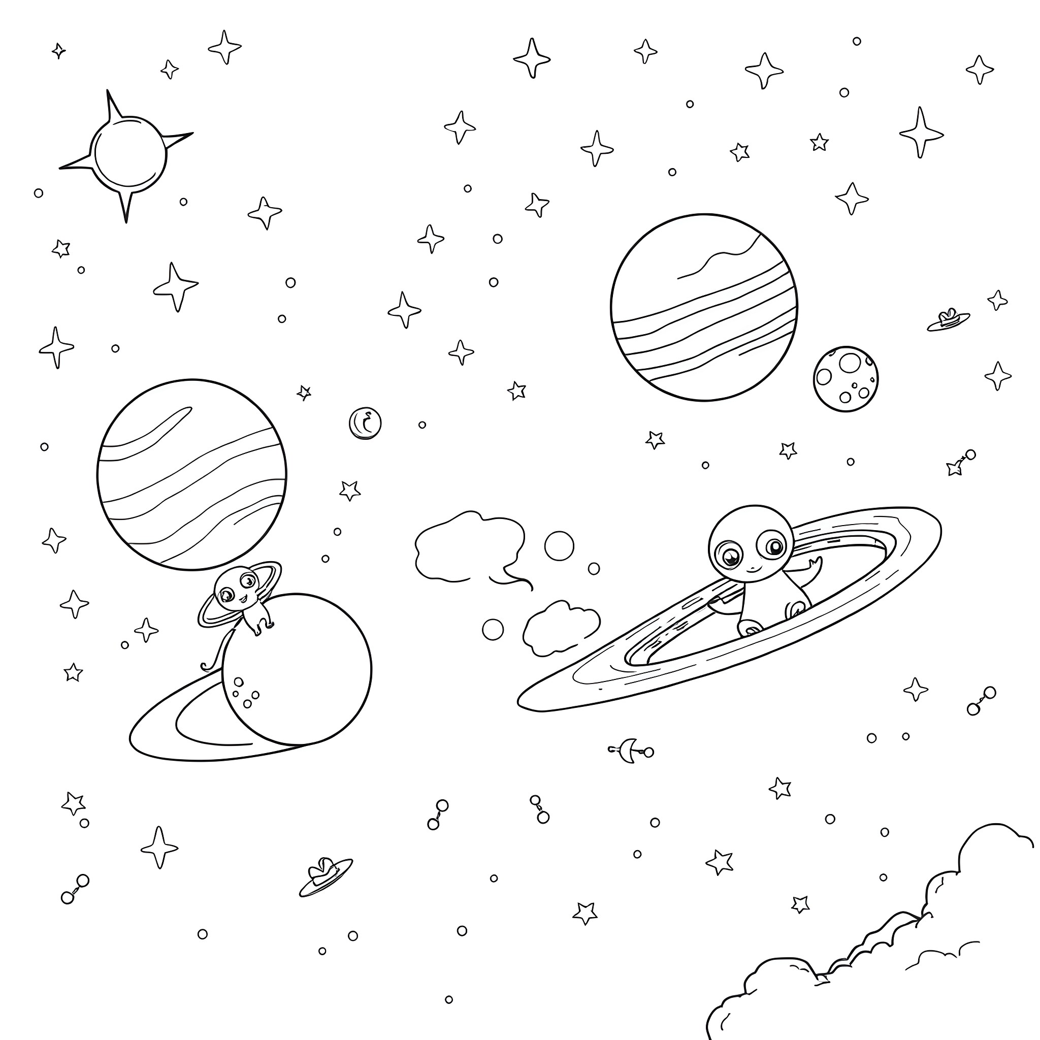 Alien Spaceship and Planets in the Starry Sky Coloring Page (free black-and-white line drawing printable PDF for all, from beginners to advanced learners, including children, teens, adults, and seniors)