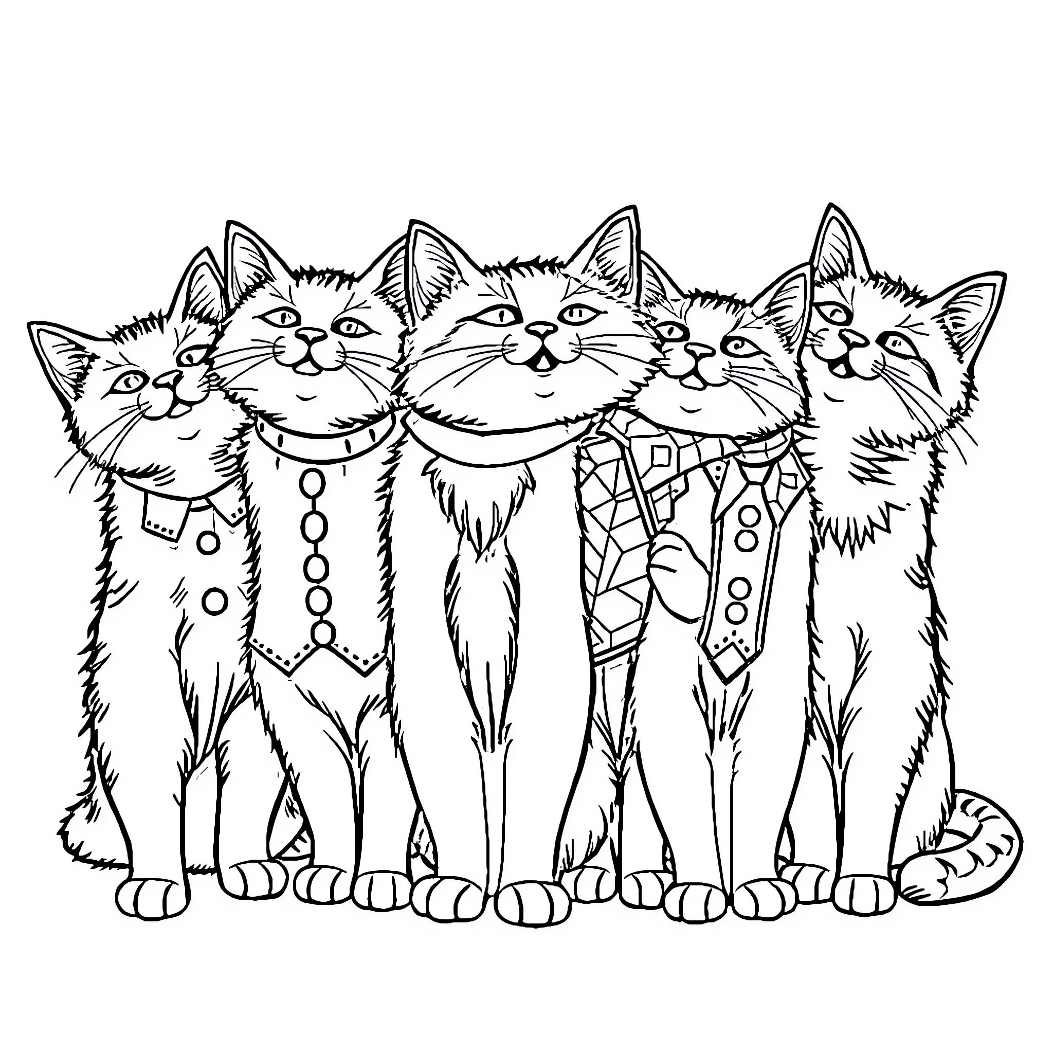 Gato Feline Friends Gathered Together Coloring Page (free black-and-white line drawing printable PDF for all, from beginners to advanced learners, including children, teens, adults, and seniors)