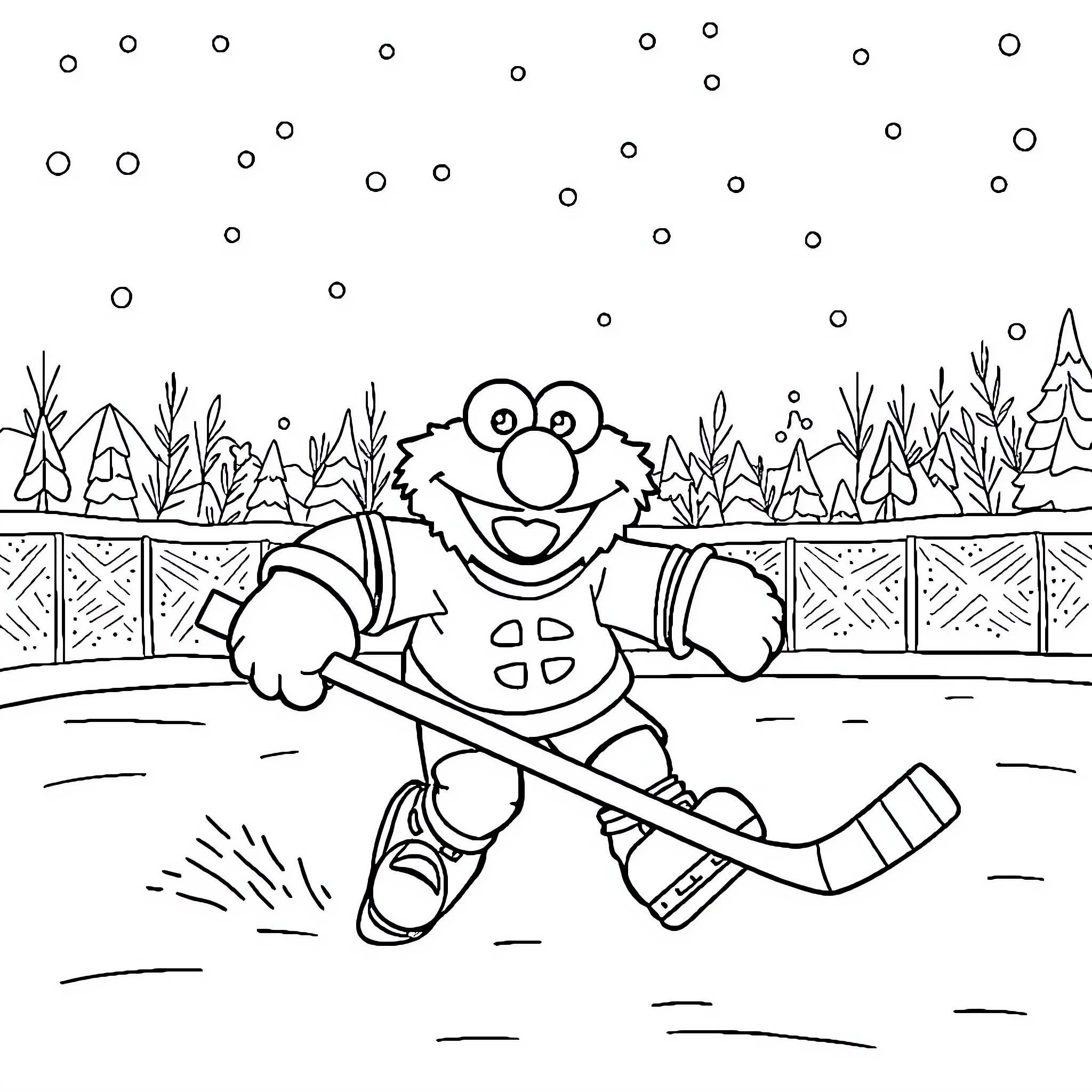Elmo playing hockey on the frozen pond Coloring Page (free black-and-white line drawing printable PDF for all, from beginners to advanced learners, including children, teens, adults, and seniors)