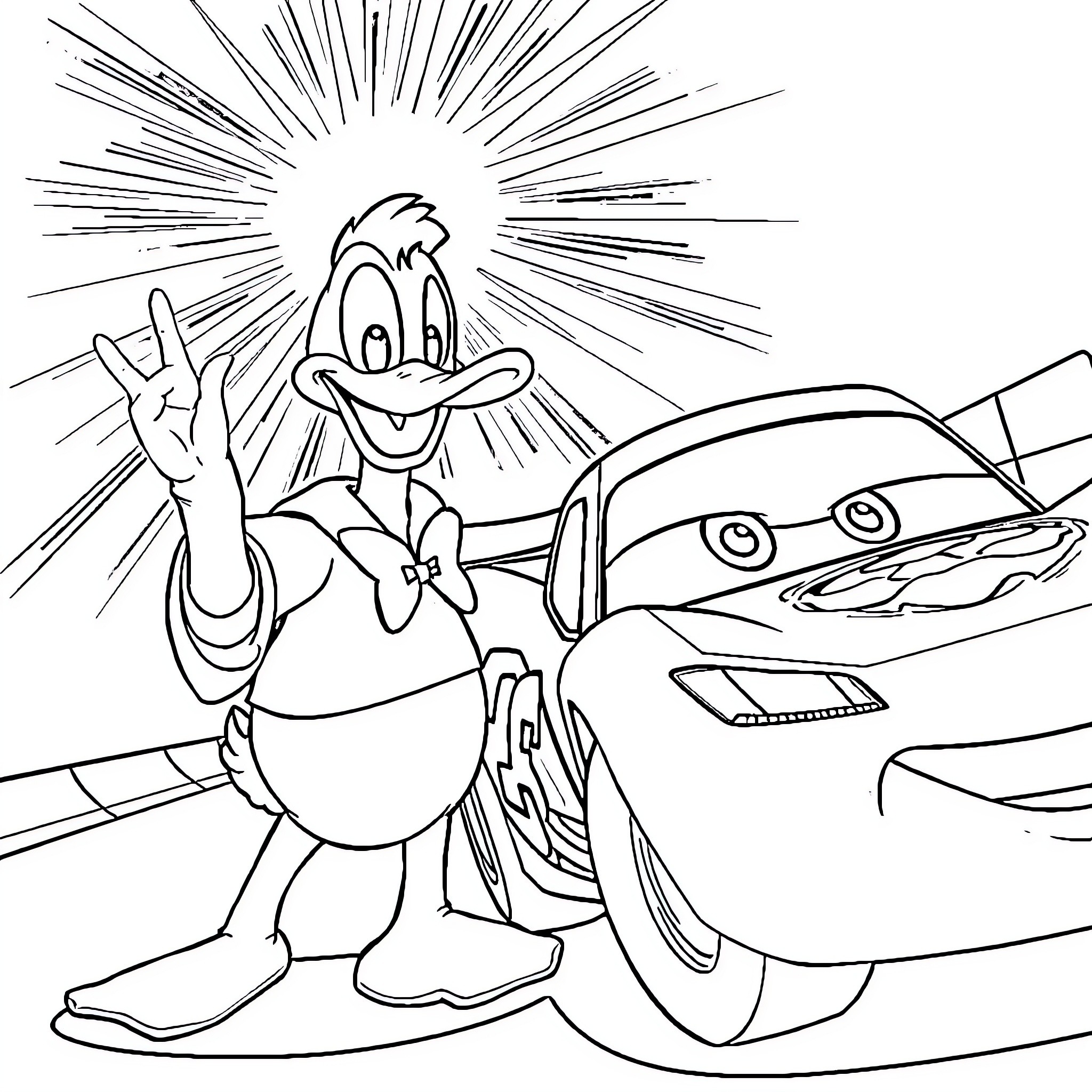 Donald Duck celebrating with a car Coloring Page (free black-and-white line drawing printable PDF for all, from beginners to advanced learners, including children, teens, adults, and seniors)