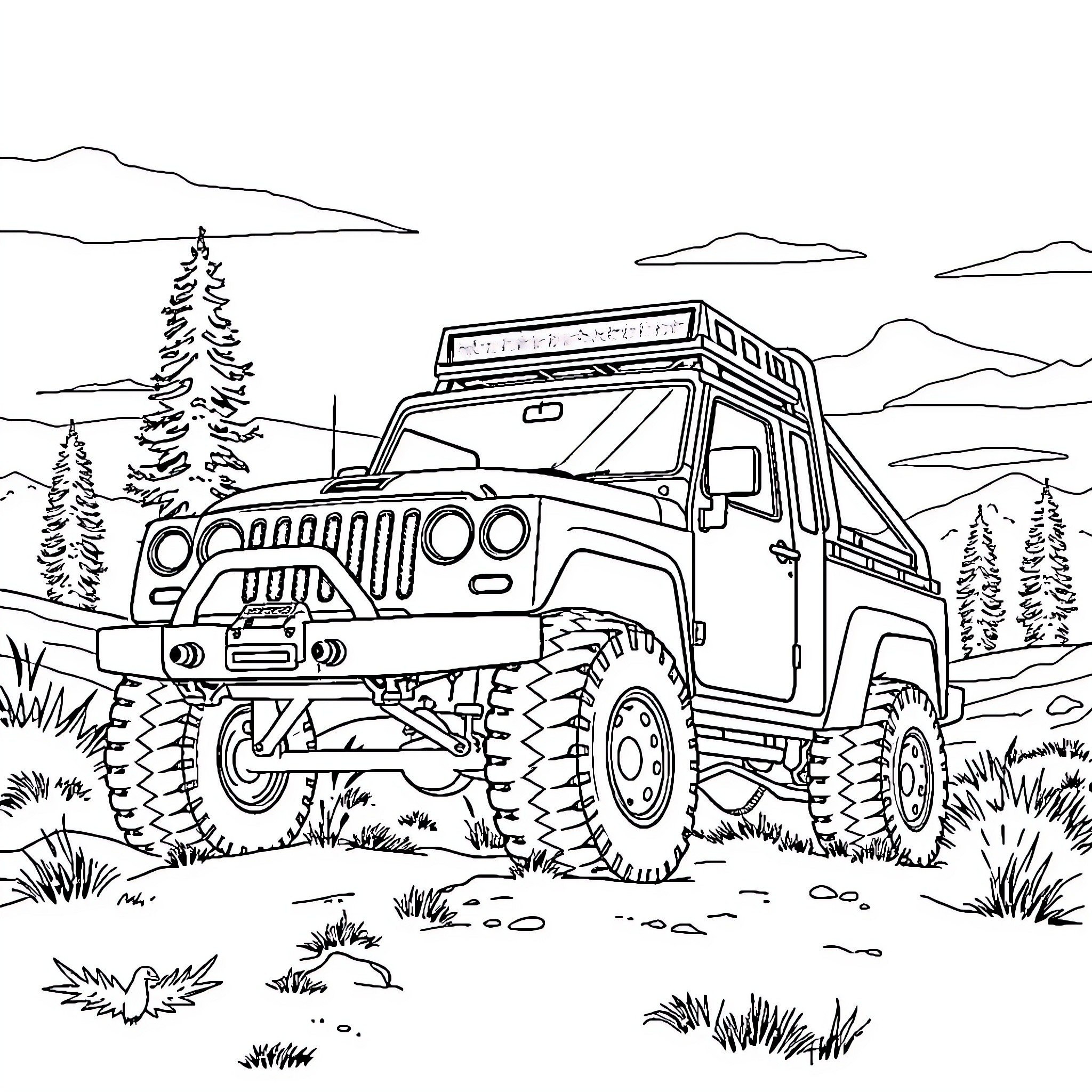 Truck navigating rugged terrain in scenic wilderness Coloring Page (free black-and-white line drawing printable PDF for all, from beginners to advanced learners, including children, teens, adults, and seniors)