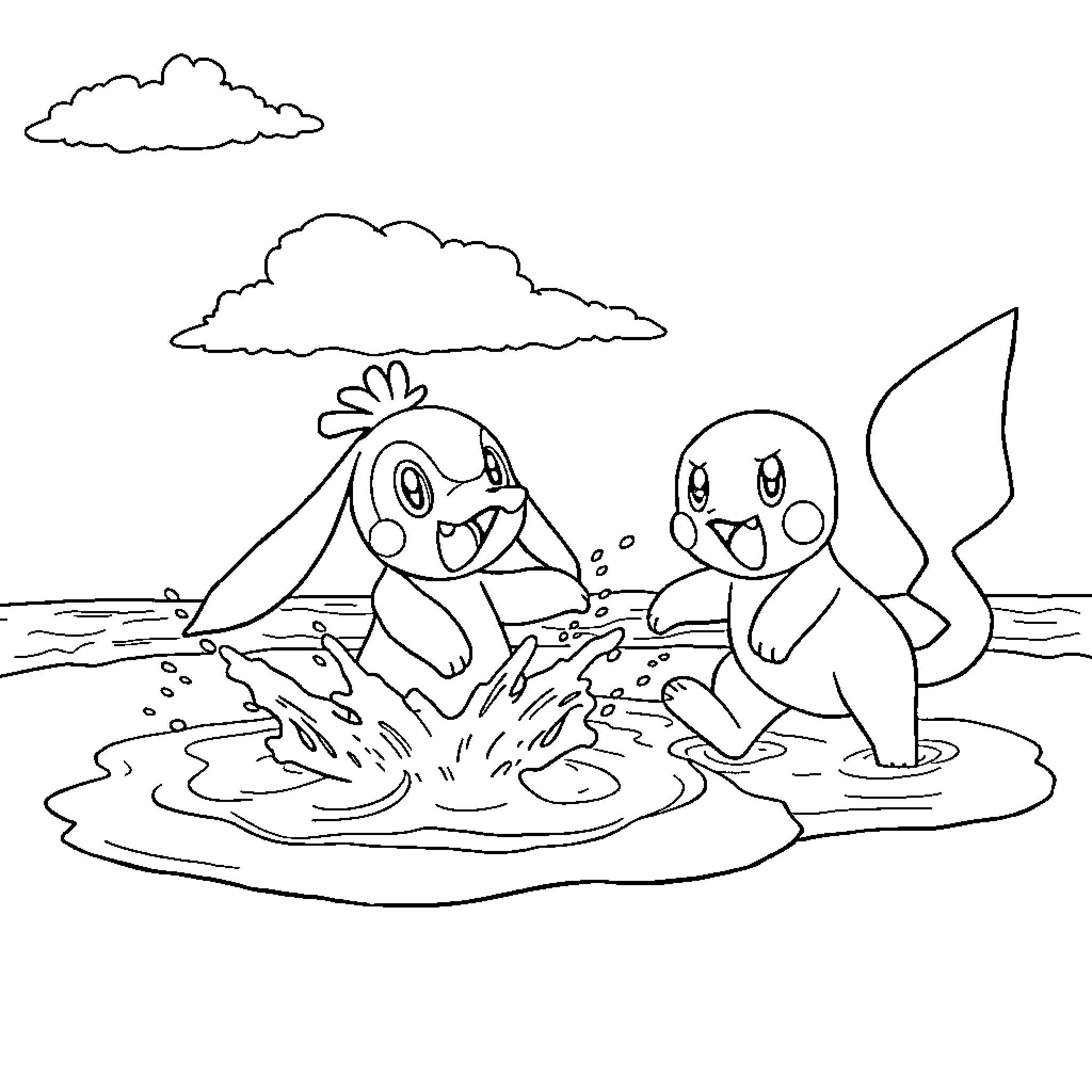 Popplio playing in the puddle with Pikachu Coloring Page (free black-and-white line drawing printable PDF for all, from beginners to advanced learners, including children, teens, adults, and seniors)