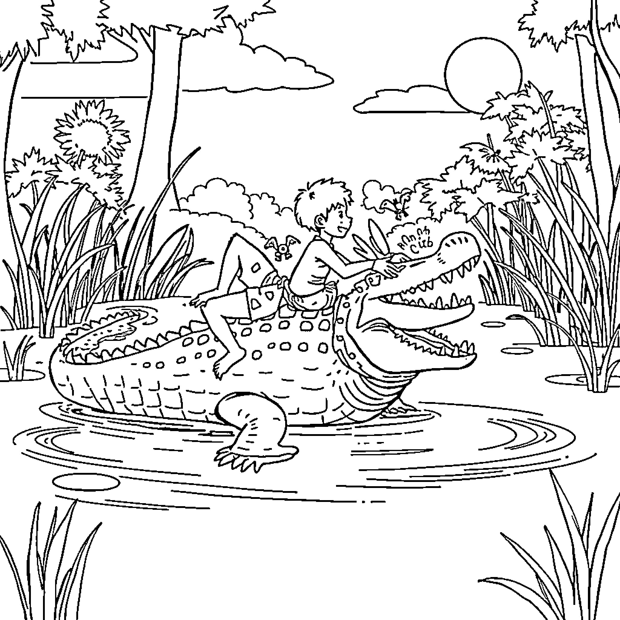 Kid Explores the Lively Swamp with Crocodile Coloring Page (free black-and-white line drawing printable PDF for all, from beginners to advanced learners, including children, teens, adults, and seniors)