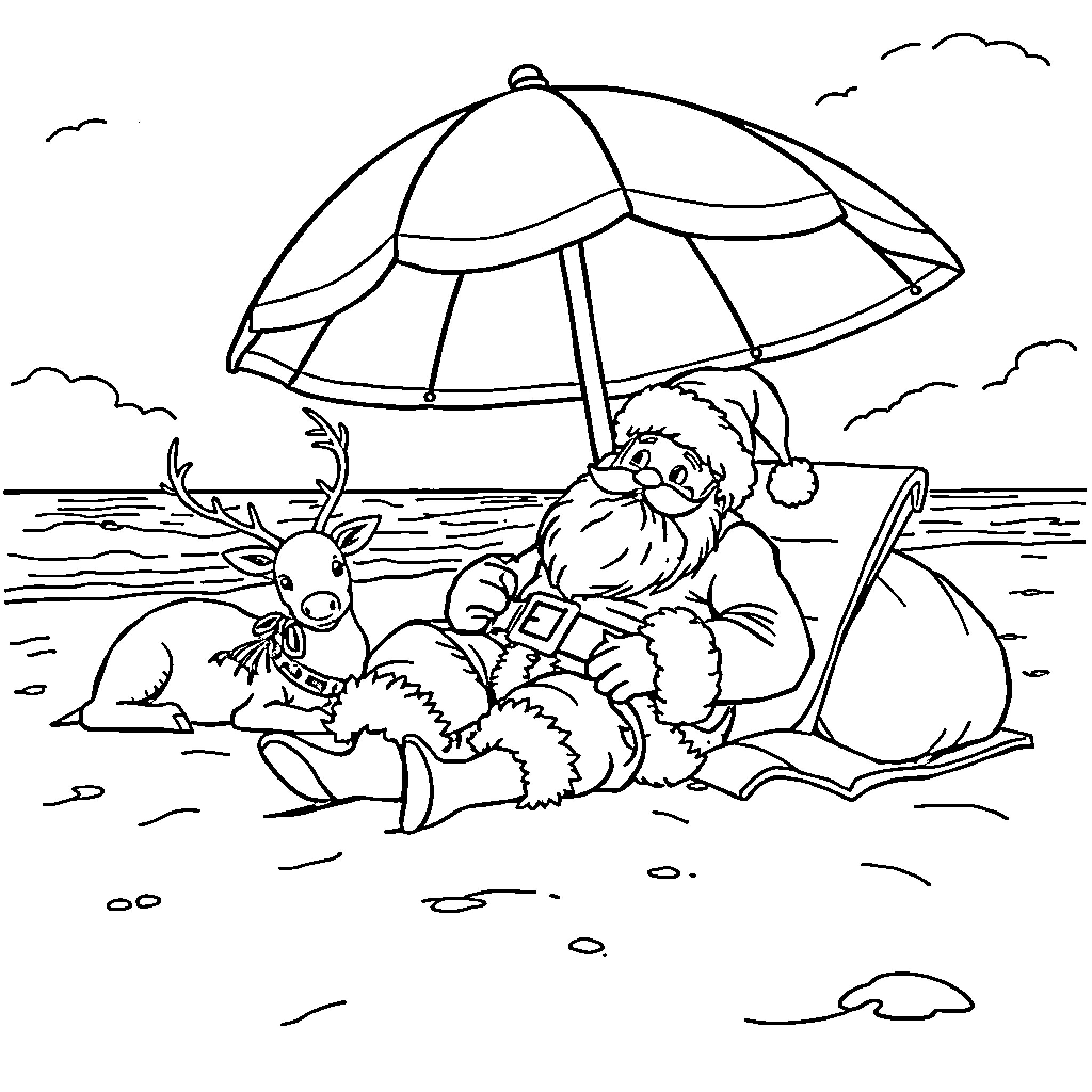 Santa relaxing on the beach with reindeer Coloring Page (free black-and-white line drawing printable PDF for all, from beginners to advanced learners, including children, teens, adults, and seniors)