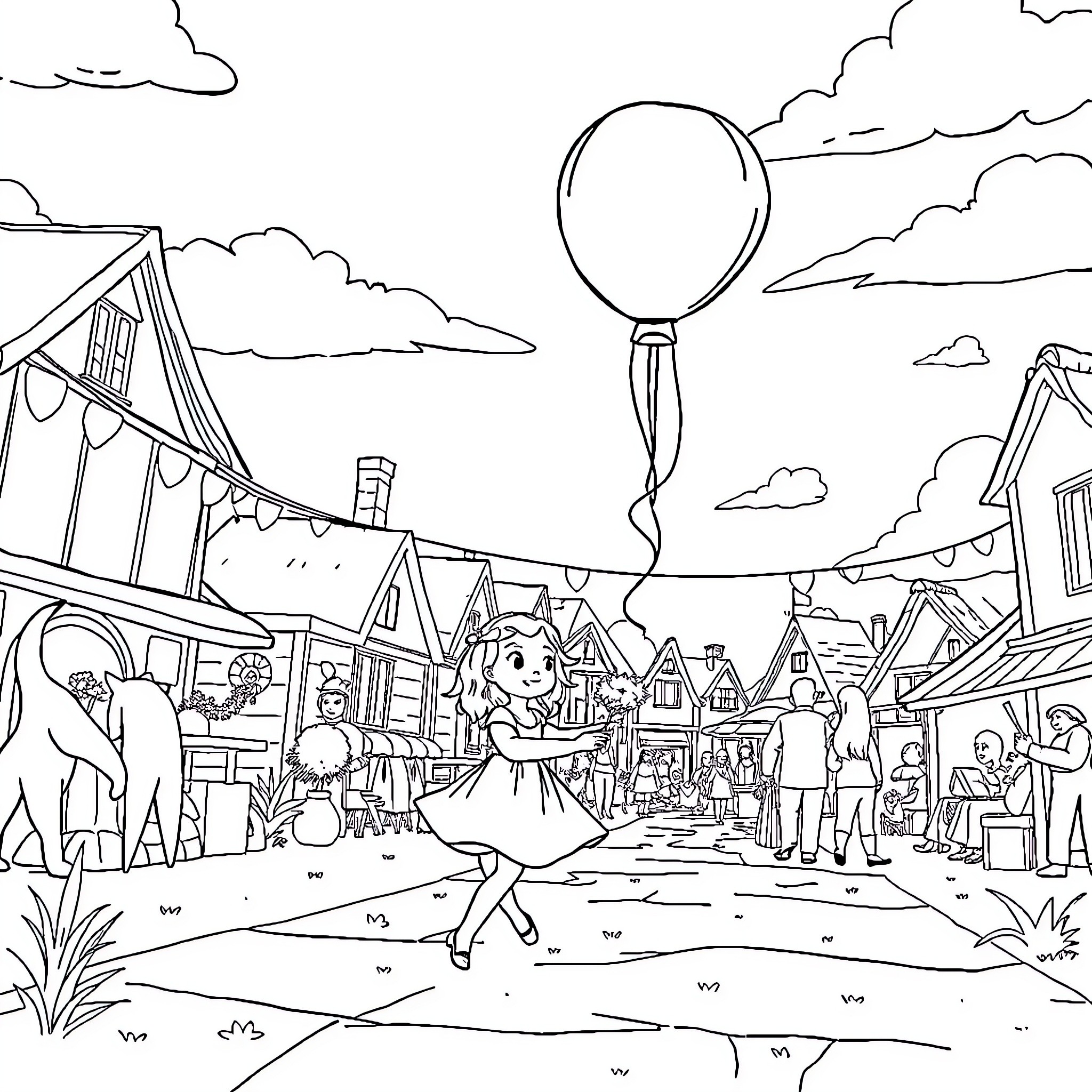 Girl playing with balloons in a festive village Coloring Page (free black-and-white line drawing printable PDF for all, from beginners to advanced learners, including children, teens, adults, and seniors)