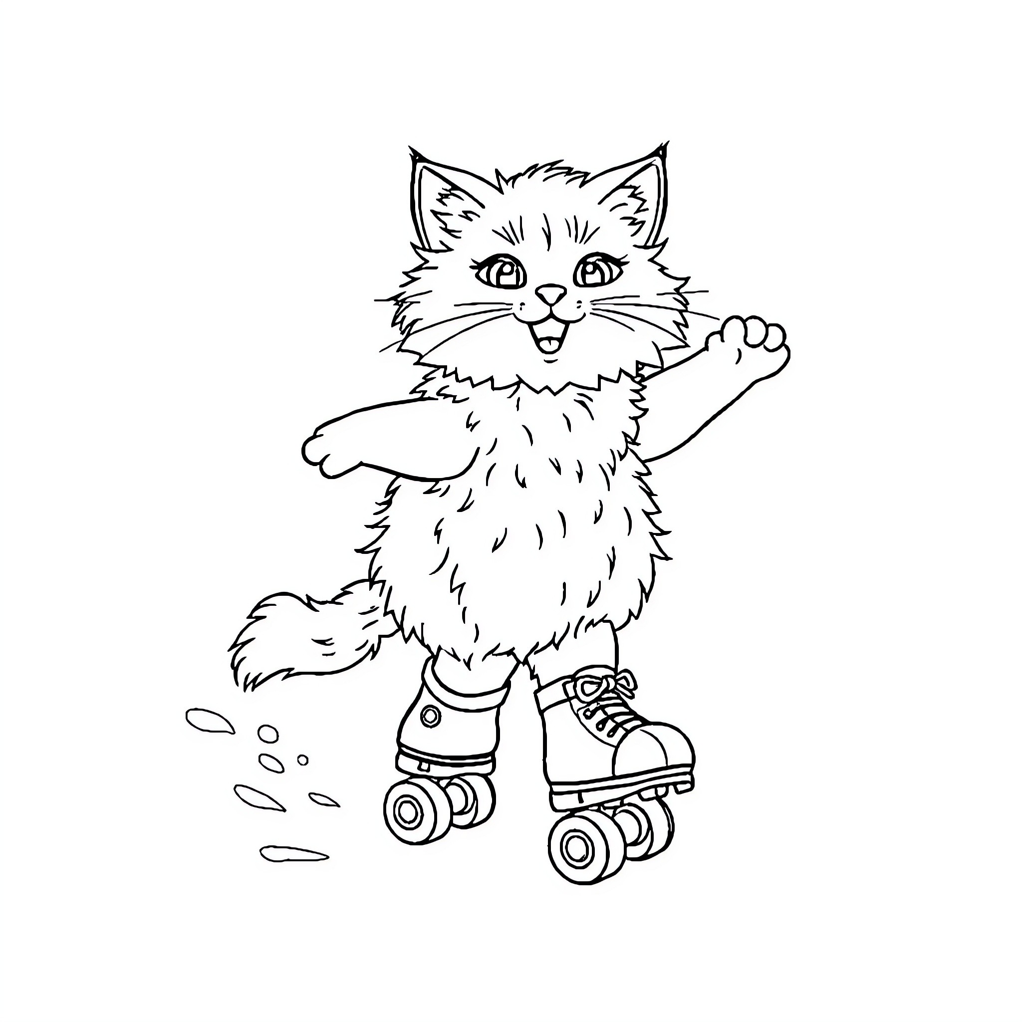 Cat roller skating happily on the move Coloring Page (free black-and-white line drawing printable PDF for all, from beginners to advanced learners, including children, teens, adults, and seniors)