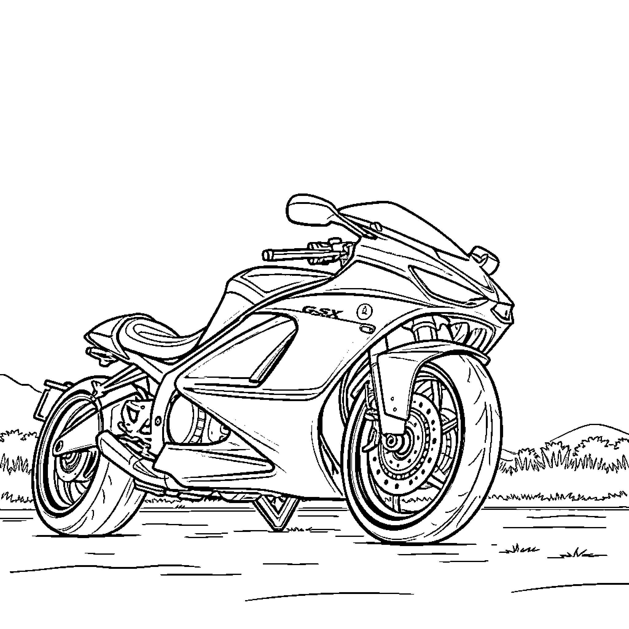 Eclipse of a Powerful Motorcycle on the Road Coloring Page (free black-and-white line drawing printable PDF for all, from beginners to advanced learners, including children, teens, adults, and seniors)