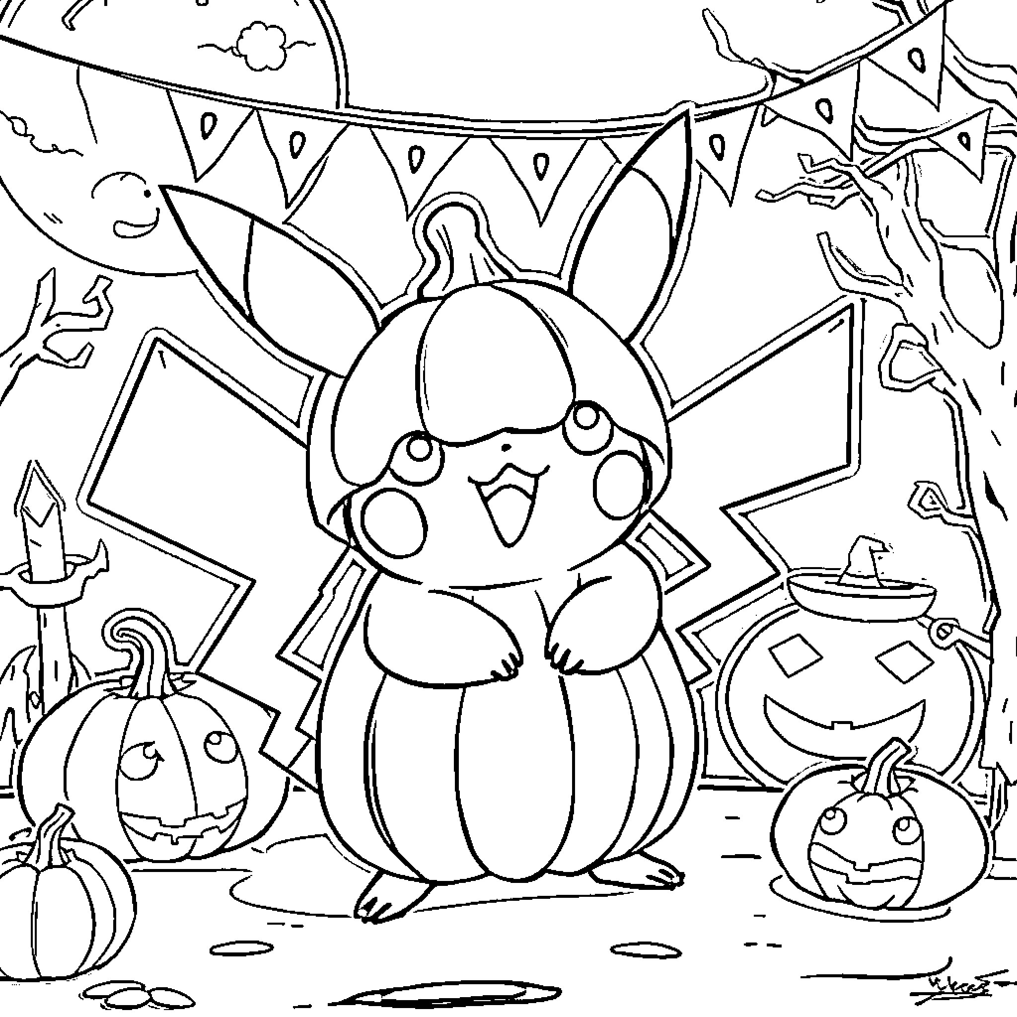 Pokémon enjoying a spooky Halloween party Coloring Page (free black-and-white line drawing printable PDF for all, from beginners to advanced learners, including children, teens, adults, and seniors)