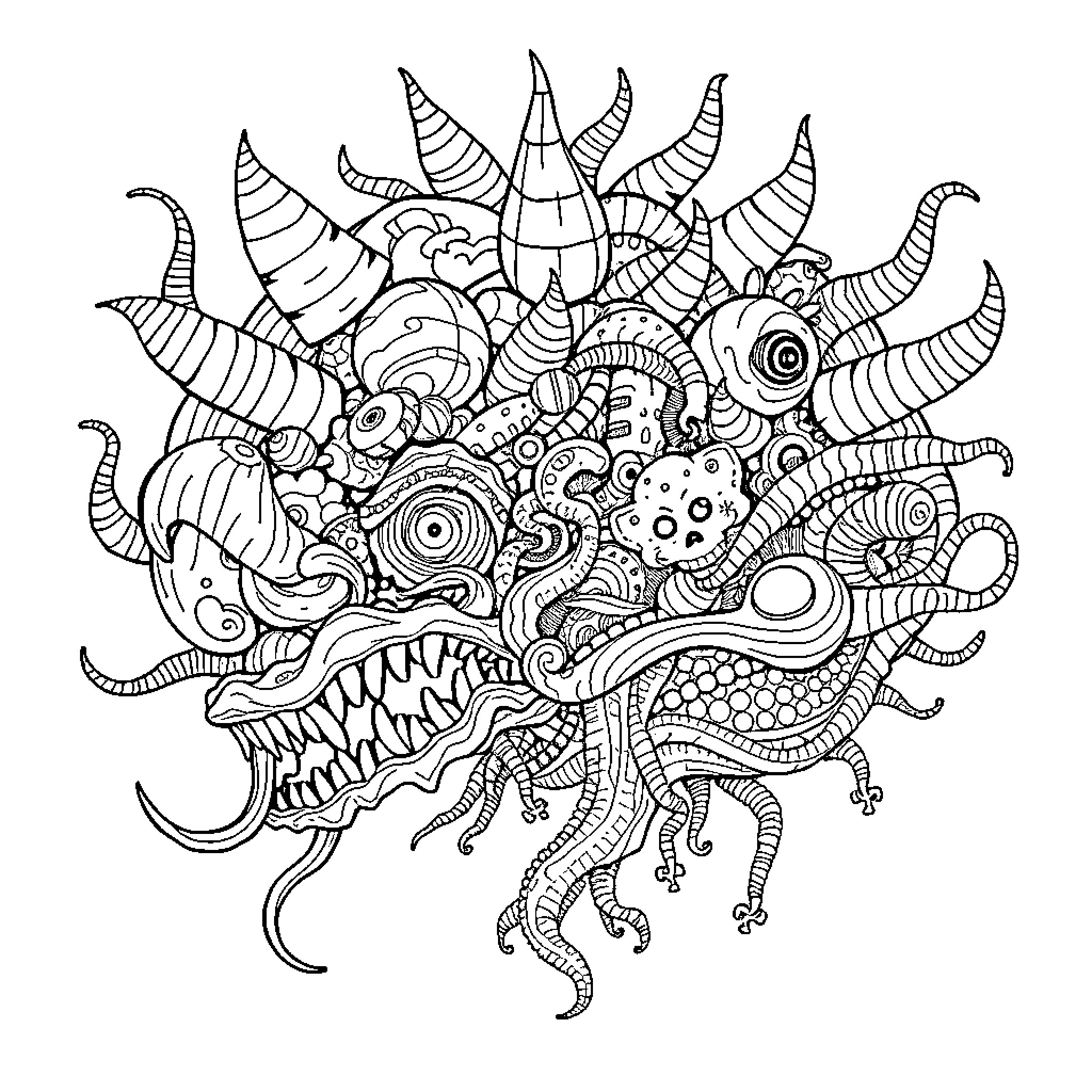 Brainrot: Chaotic Doodle of Surreal Creatures Coloring Page (free black-and-white line drawing printable PDF for all, from beginners to advanced learners, including children, teens, adults, and seniors)
