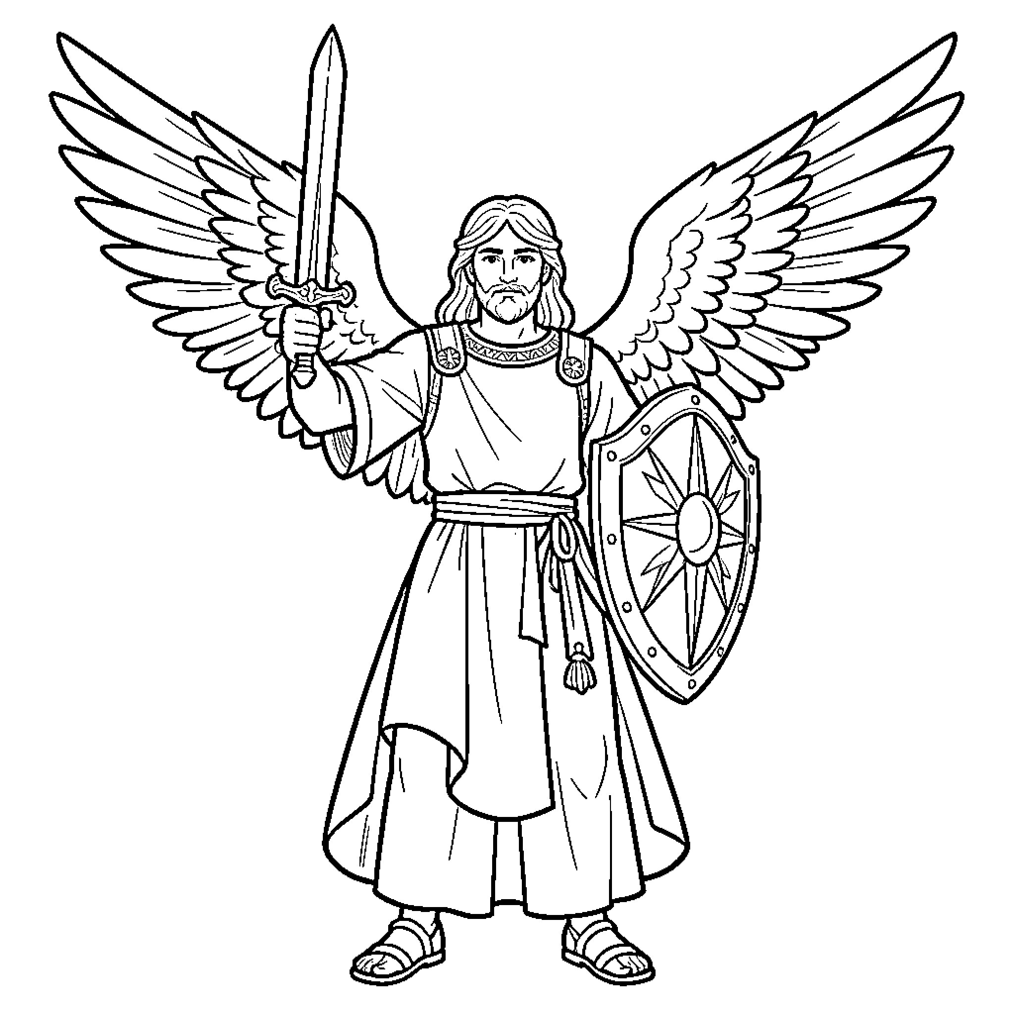 St Michael holding a sword and shield with wings Coloring Page (free black-and-white line drawing printable PDF for all, from beginners to advanced learners, including children, teens, adults, and seniors)