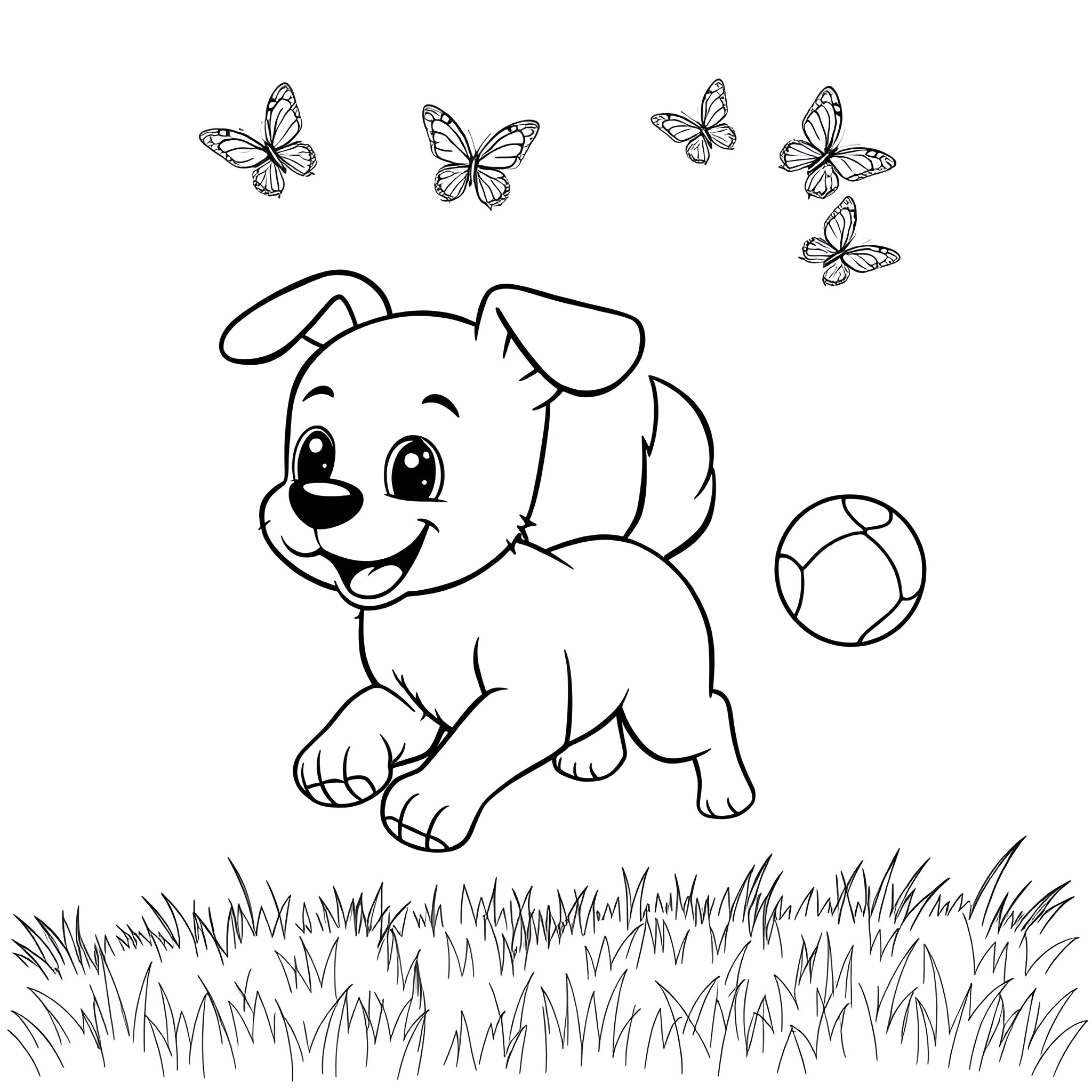 Dog playing joyfully with butterflies in the yard Coloring Page (free black-and-white line drawing printable PDF for all, from beginners to advanced learners, including children, teens, adults, and seniors)