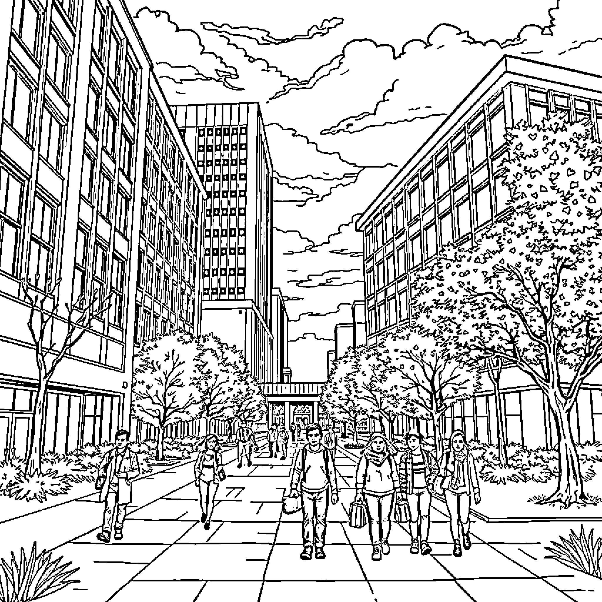 University students walking on campus sidewalk Coloring Page (free black-and-white line drawing printable PDF for all, from beginners to advanced learners, including children, teens, adults, and seniors)