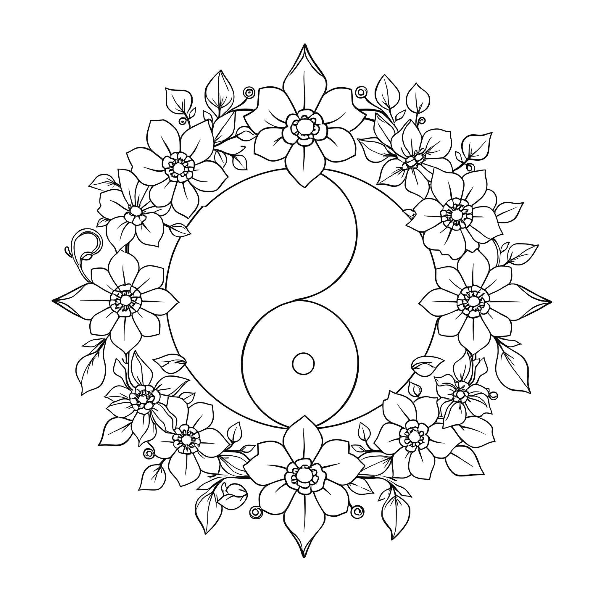 Yin Yang Floral Wreath Coloring Page (free black-and-white line drawing printable PDF for all, from beginners to advanced learners, including children, teens, adults, and seniors)