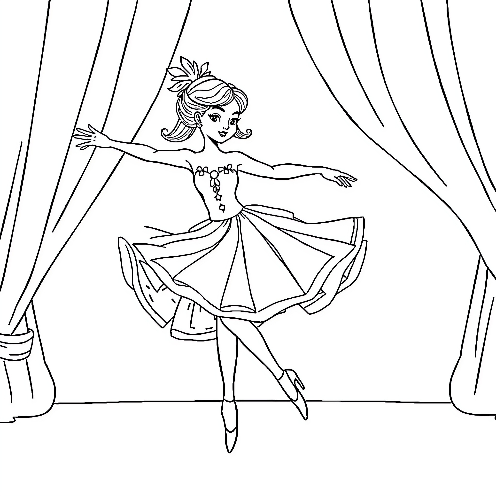 Ballerina Dancing on Stage with Flowing Dress Coloring Page (free black-and-white line drawing printable PDF for all, from beginners to advanced learners, including children, teens, adults, and seniors)