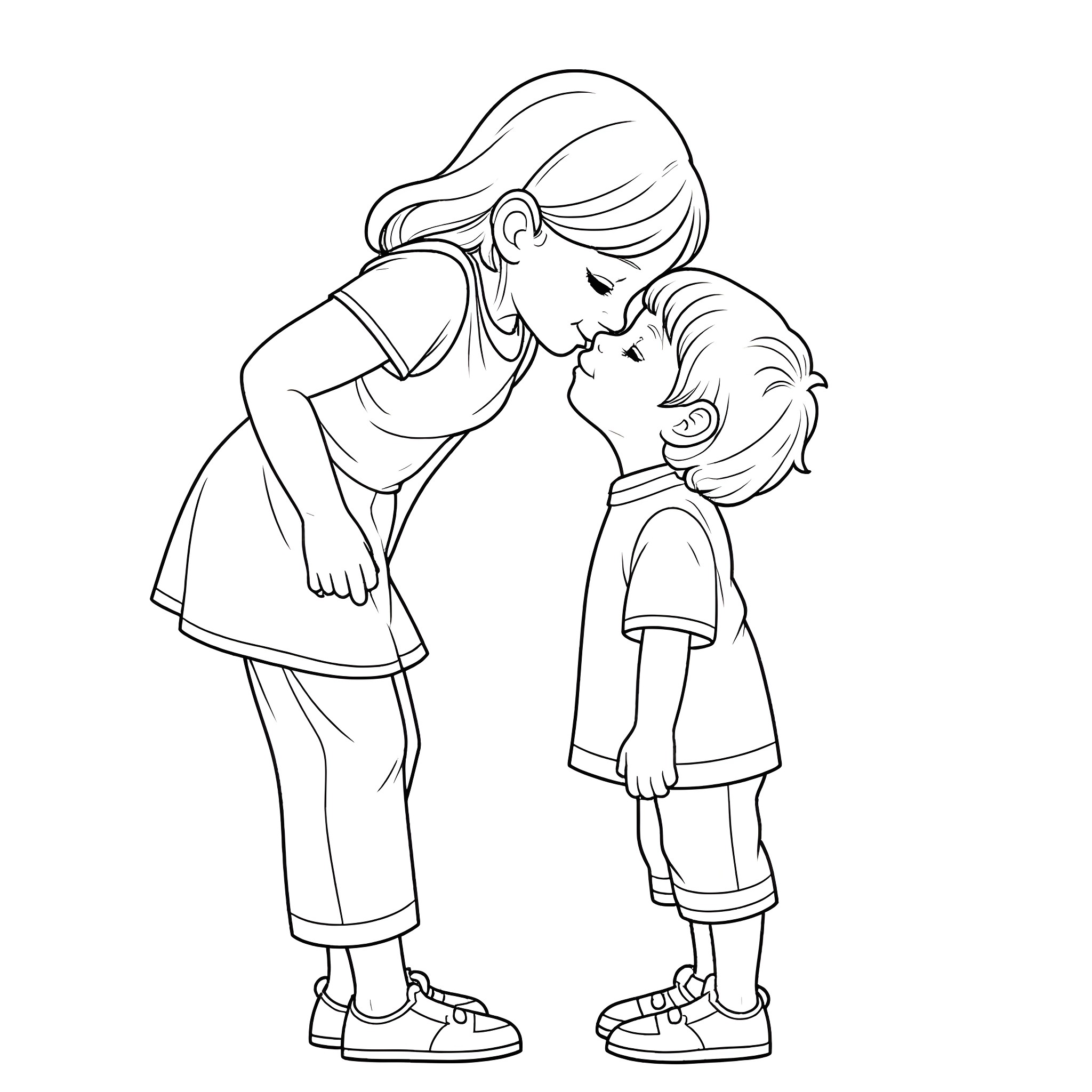 Girl comforting a young child Coloring Page (free black-and-white line drawing printable PDF for all, from beginners to advanced learners, including children, teens, adults, and seniors)