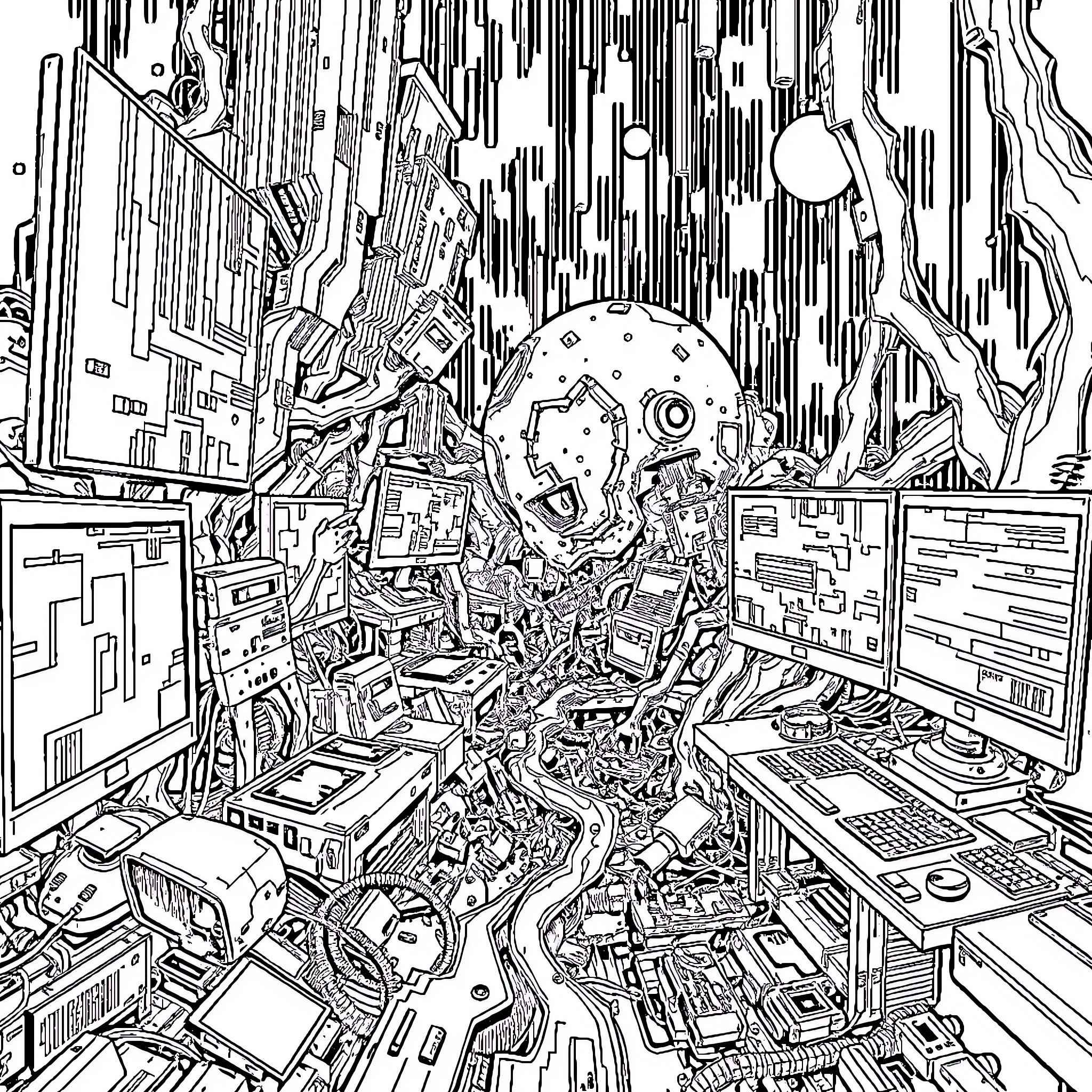 AI Abstract technological landscape with intricate machinery Coloring Page (free black-and-white line drawing printable PDF for all, from beginners to advanced learners, including children, teens, adults, and seniors)