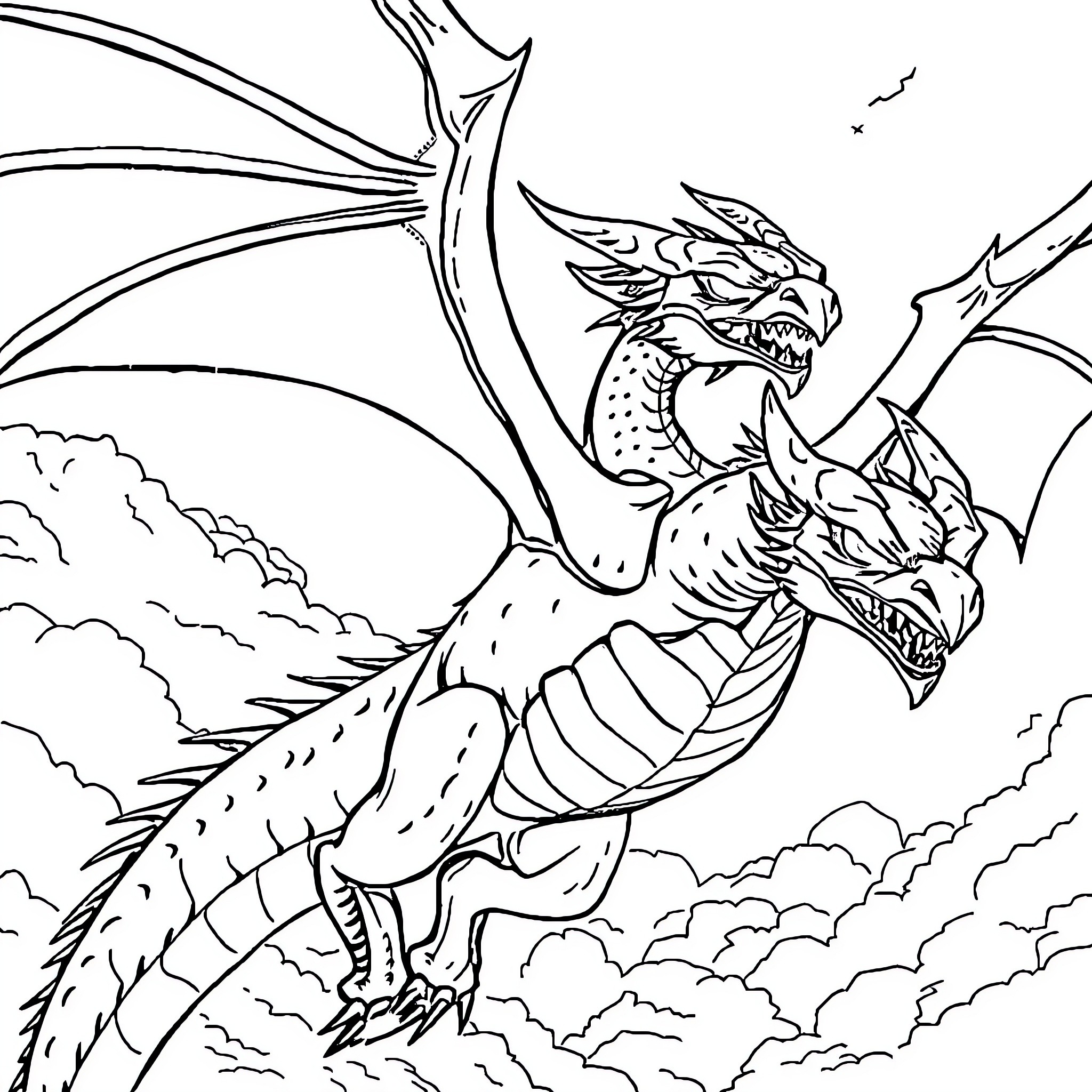 Dragoon dragon soaring through the sky Coloring Page (free black-and-white line drawing printable PDF for all, from beginners to advanced learners, including children, teens, adults, and seniors)