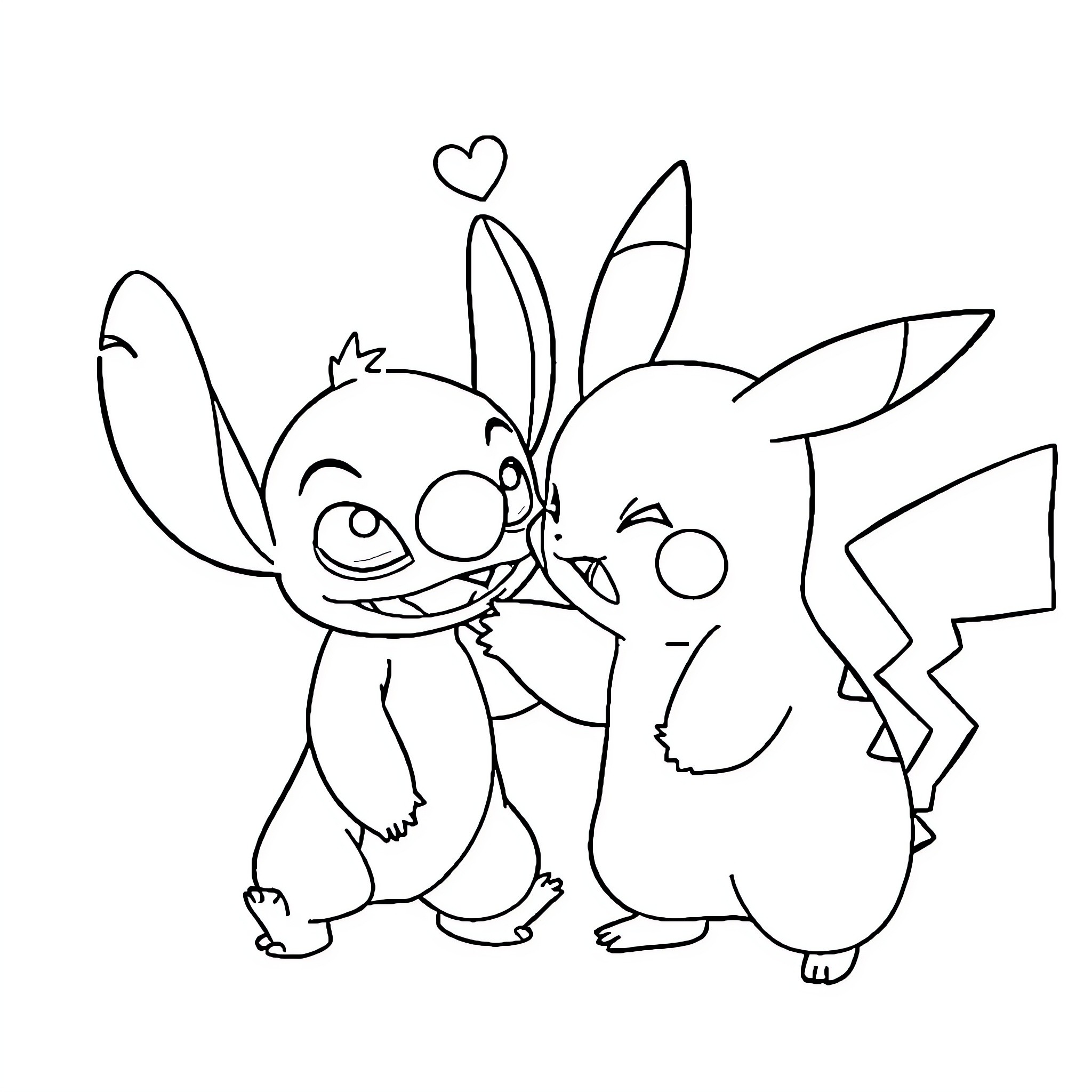 Pikachu playing affectionately with Stitch Coloring Page (free black-and-white line drawing printable PDF for all, from beginners to advanced learners, including children, teens, adults, and seniors)